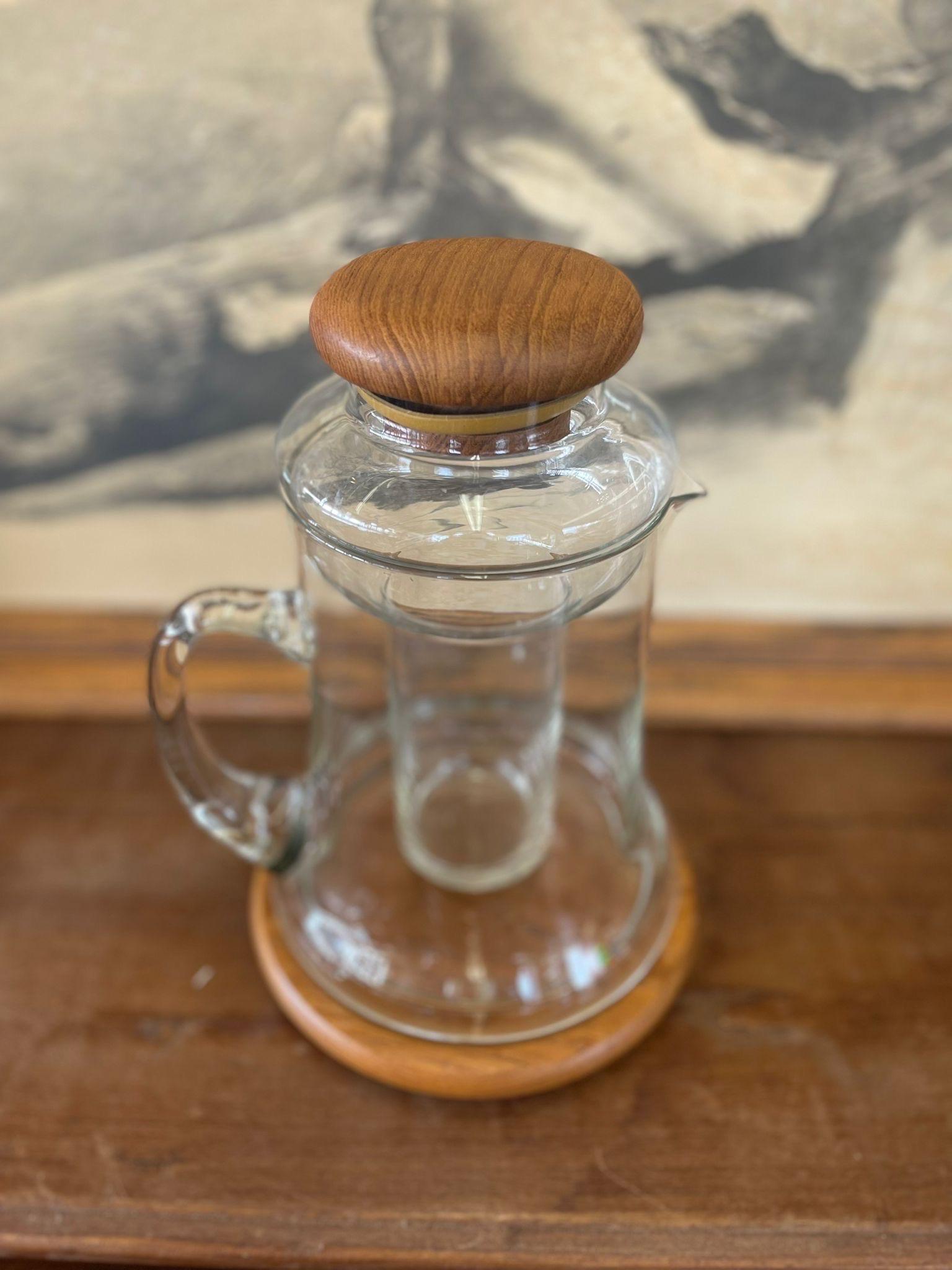 Glass Vintage Pitcher With Teak Base and Lid For Sale