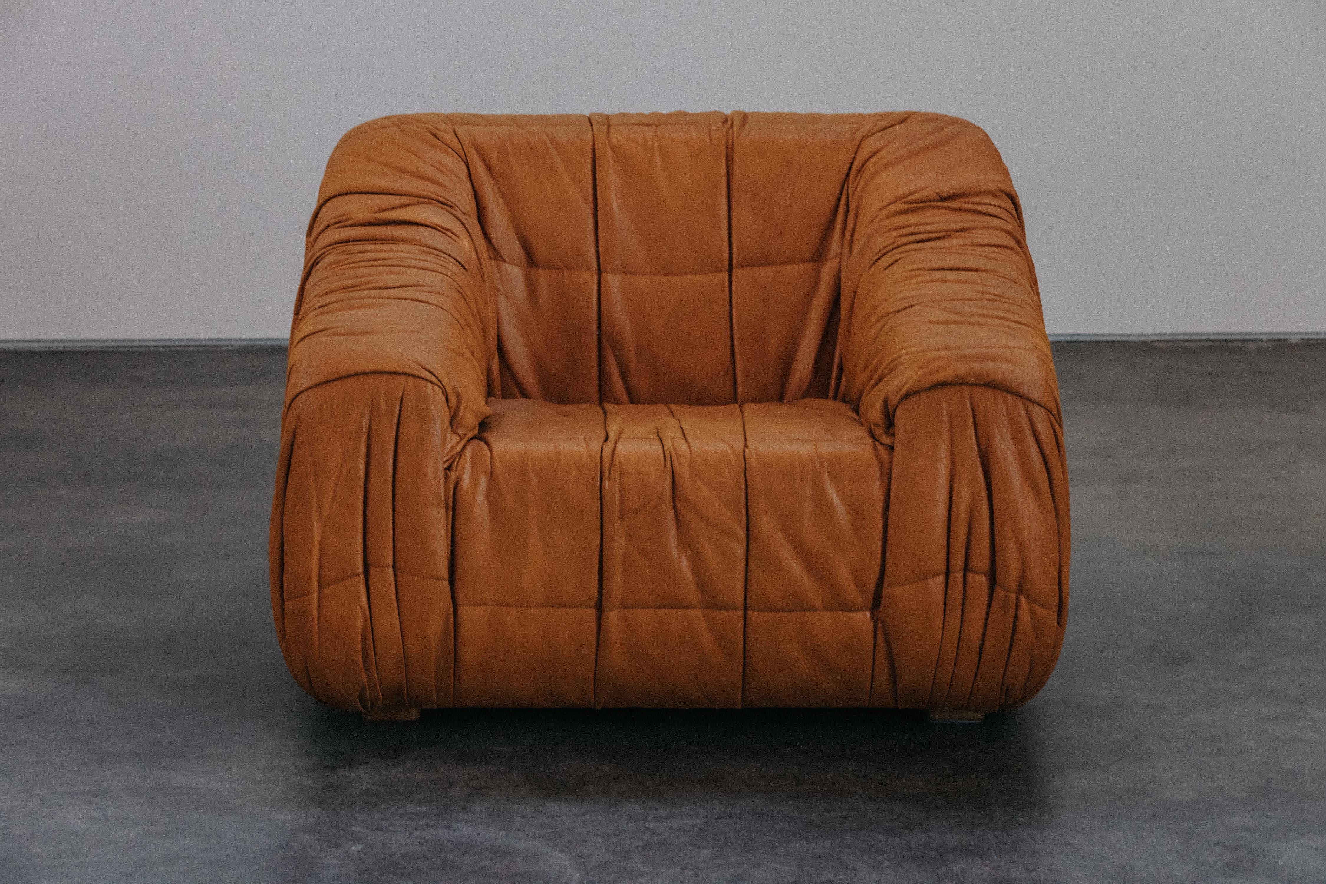 Vintage Piumino Chair by De Pas, D'urbino & Lomazzi, Italy, 1970s.  Original cognac leather upholster with nice patina and use.