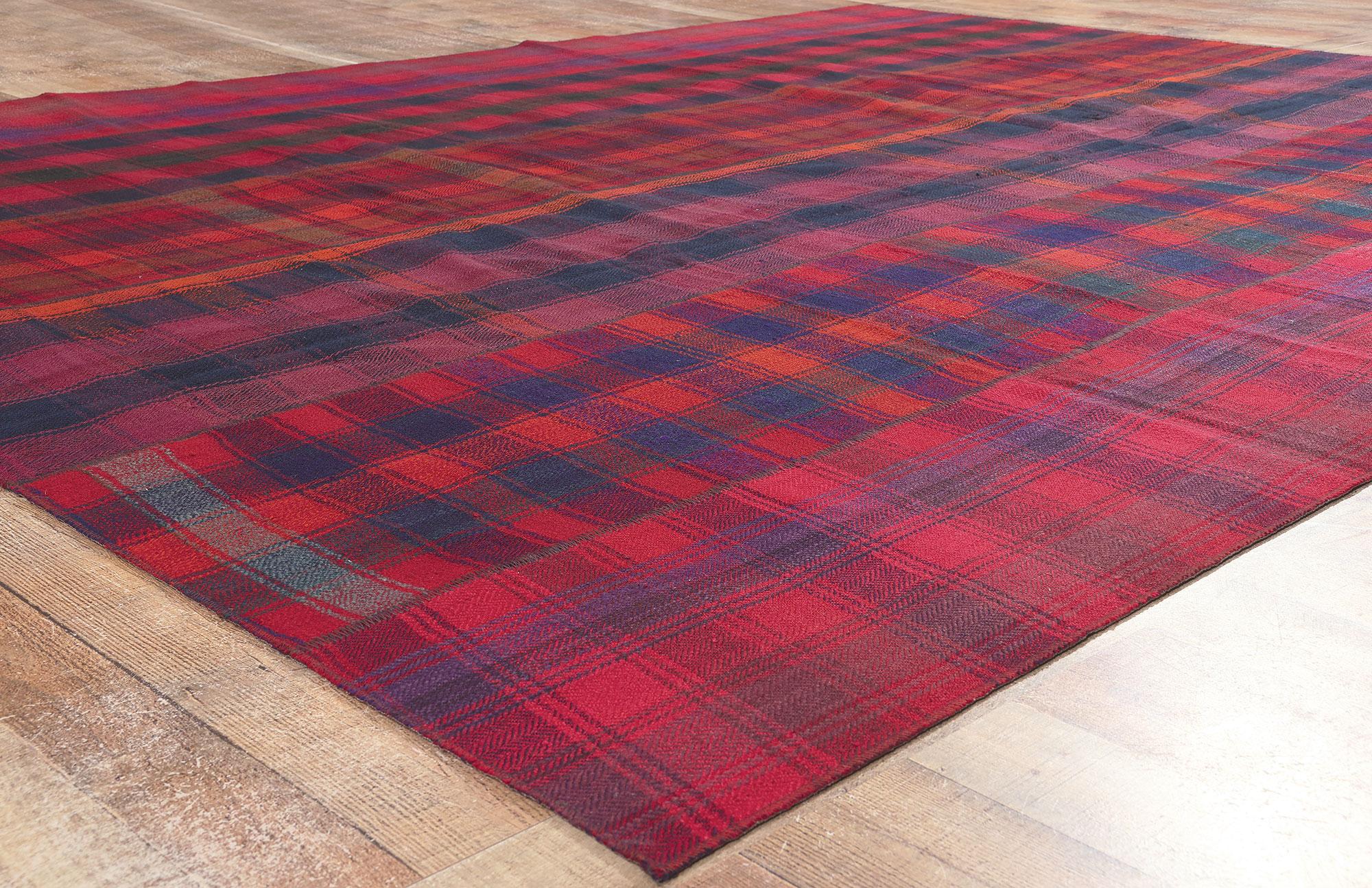 Turkish Vintage Plaid Kilim Rug, Luxe Ralph Lauren Style Meets Timeless Tartan Charm