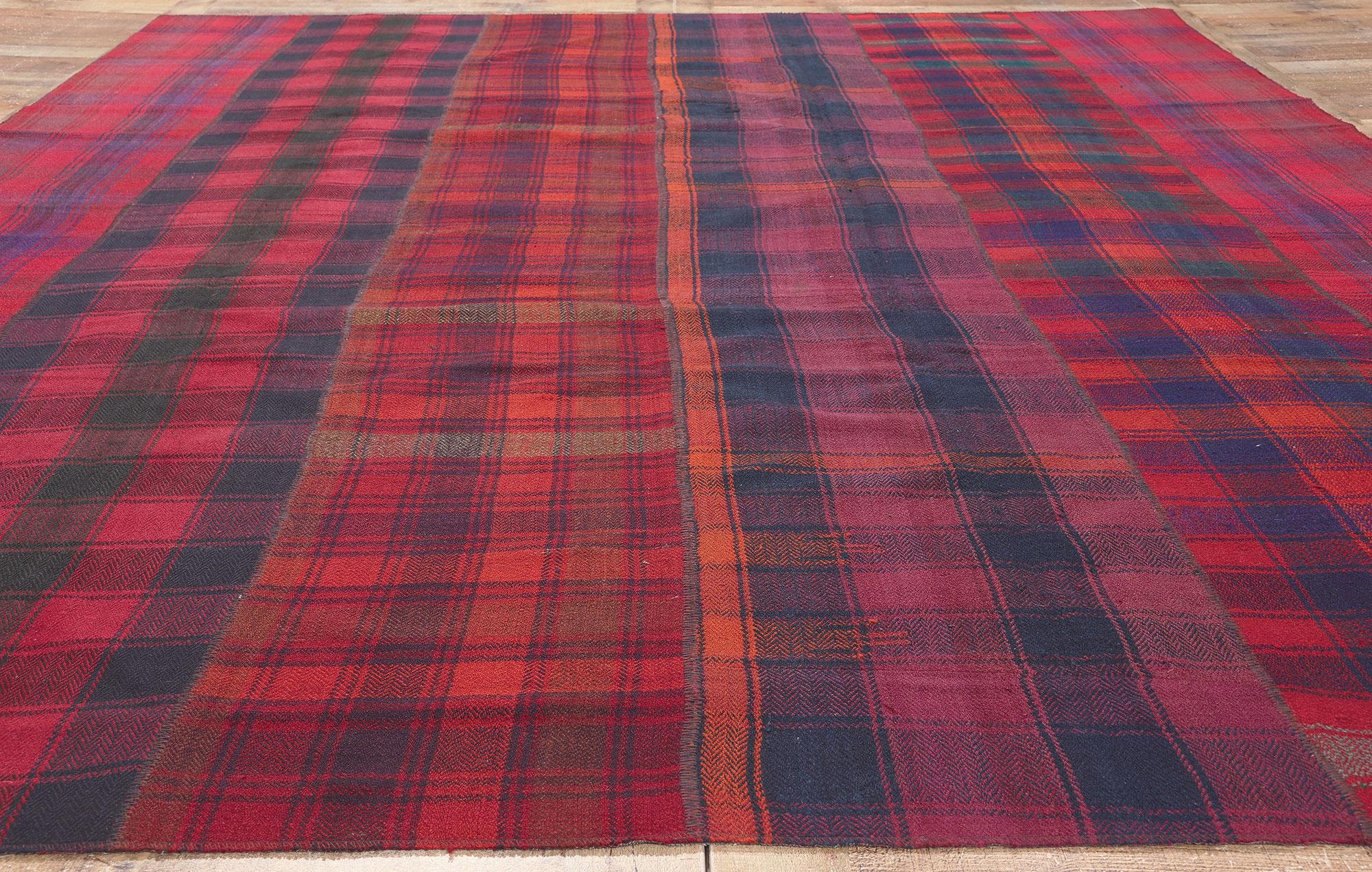 Hand-Woven Vintage Plaid Kilim Rug, Luxe Ralph Lauren Style Meets Timeless Tartan Charm For Sale