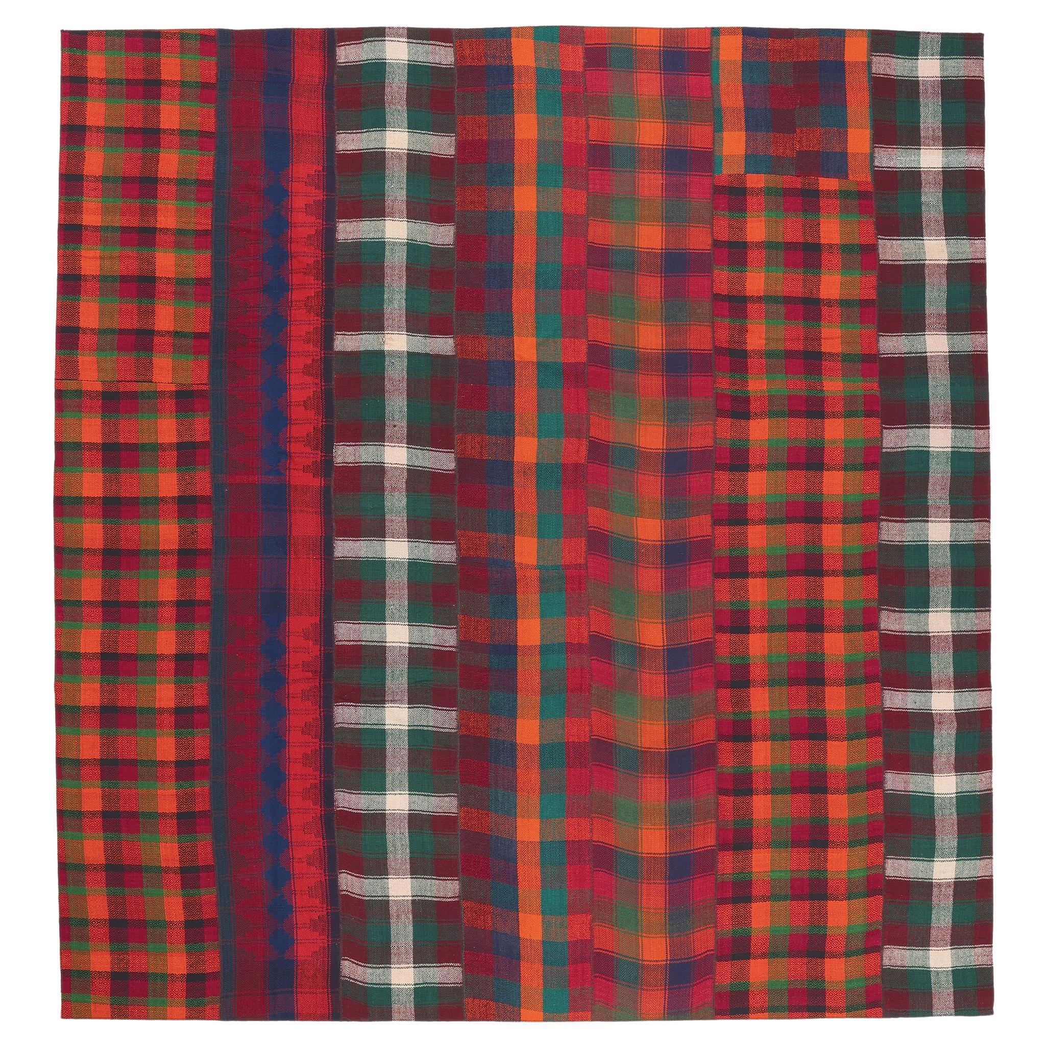 Vintage Plaid Kilim Rug, Luxe Ralph Lauren Style Meets Timeless Tartan Charm For Sale