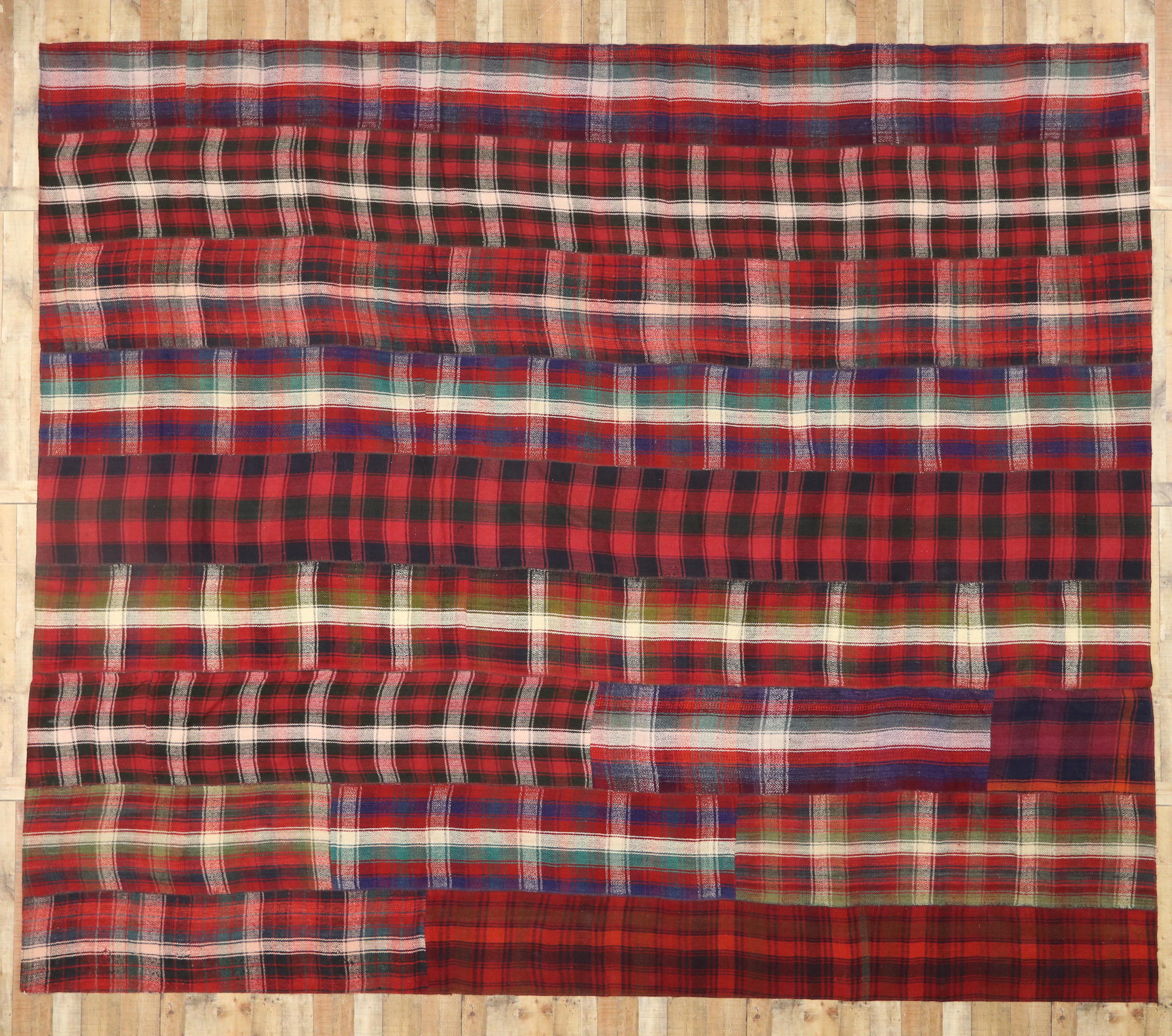 Hand-Woven Vintage Plaid Kilim Rug with Timeless Tartan Charm and Luxe Ralph Lauren Style For Sale