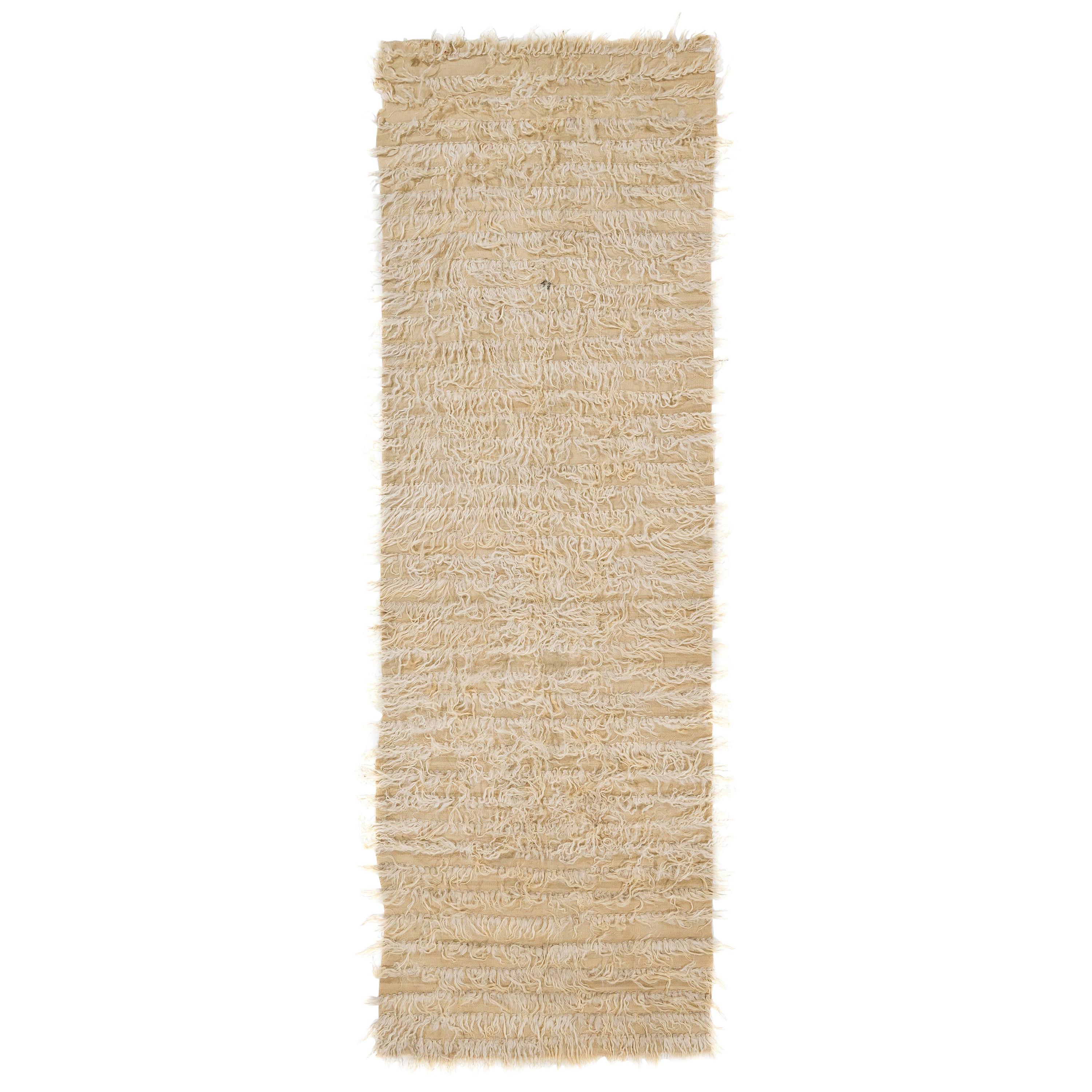 3.7x10.9 Ft Vintage Plain Cream Tulu Rug. 100% Natural Undyed Mohair Wool Runner For Sale