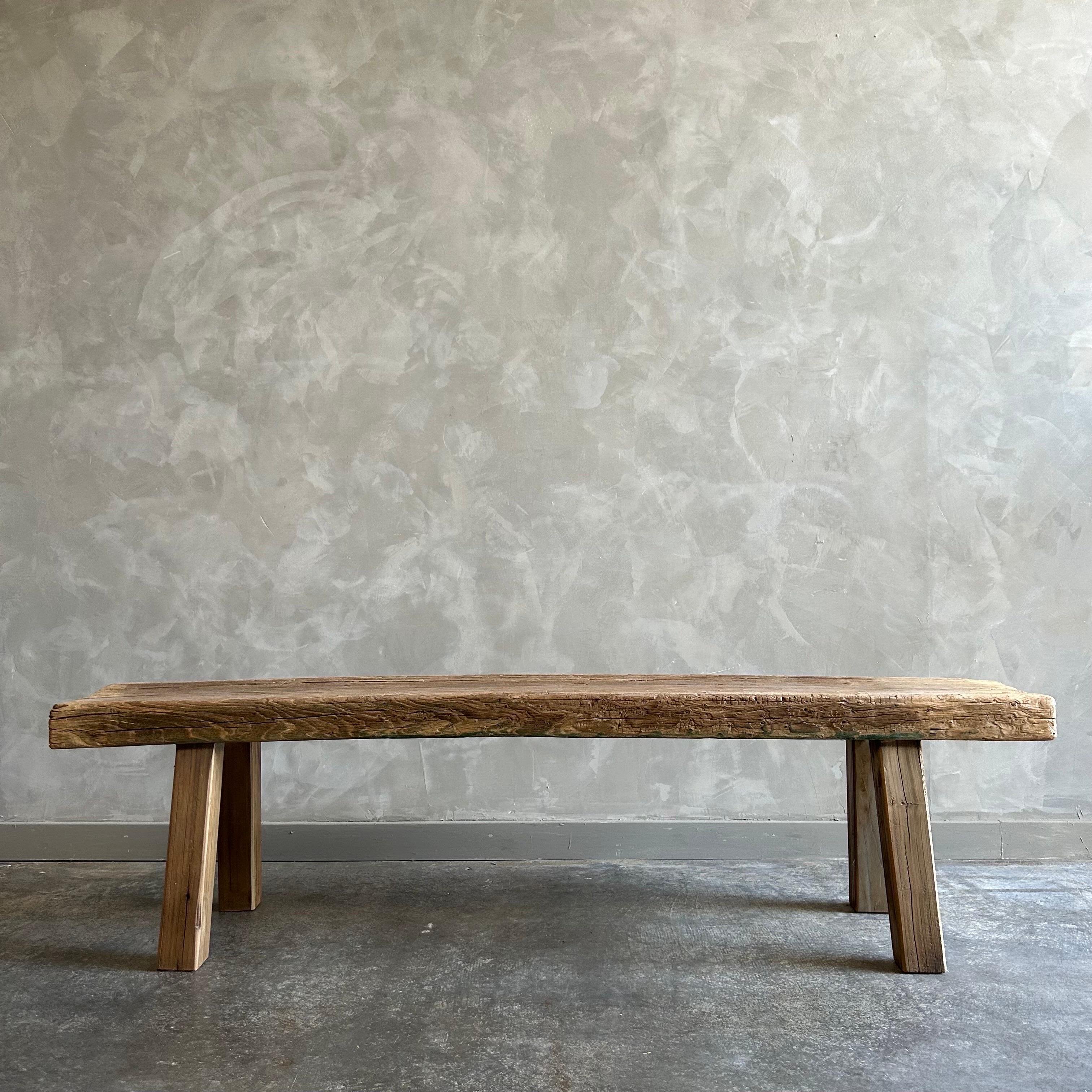 Vintage Elm wood bench 
Thick plank top, square legs. Solid and sturdy, ready for everyday use.
Seat depth of 11