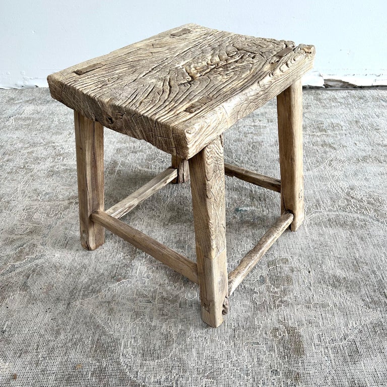 Vintage Plank Top Rustic Elm Wood Stool or Side Table For Sale at 1stDibs