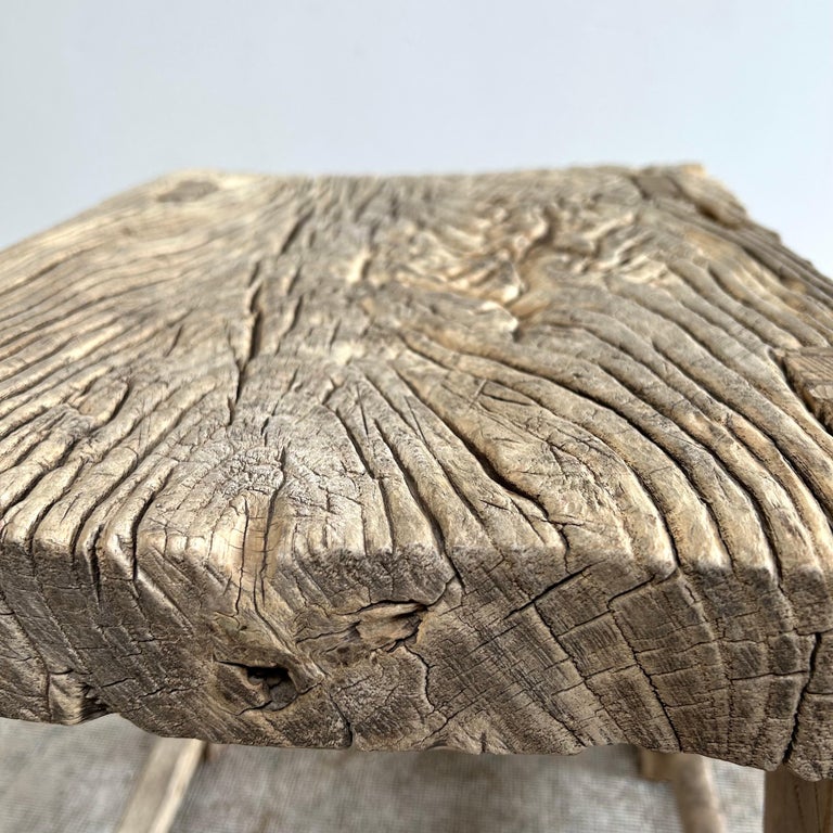 Vintage Plank Top Rustic Elm Wood Stool or Side Table For Sale at 1stDibs