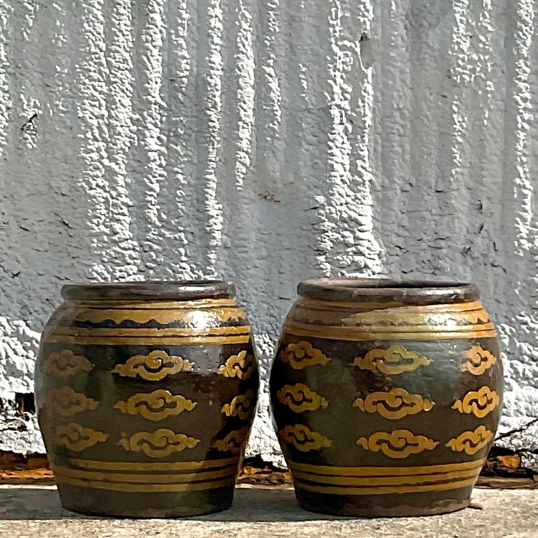 Vintage Planters With Cloud Details- a Pair In Good Condition For Sale In west palm beach, FL