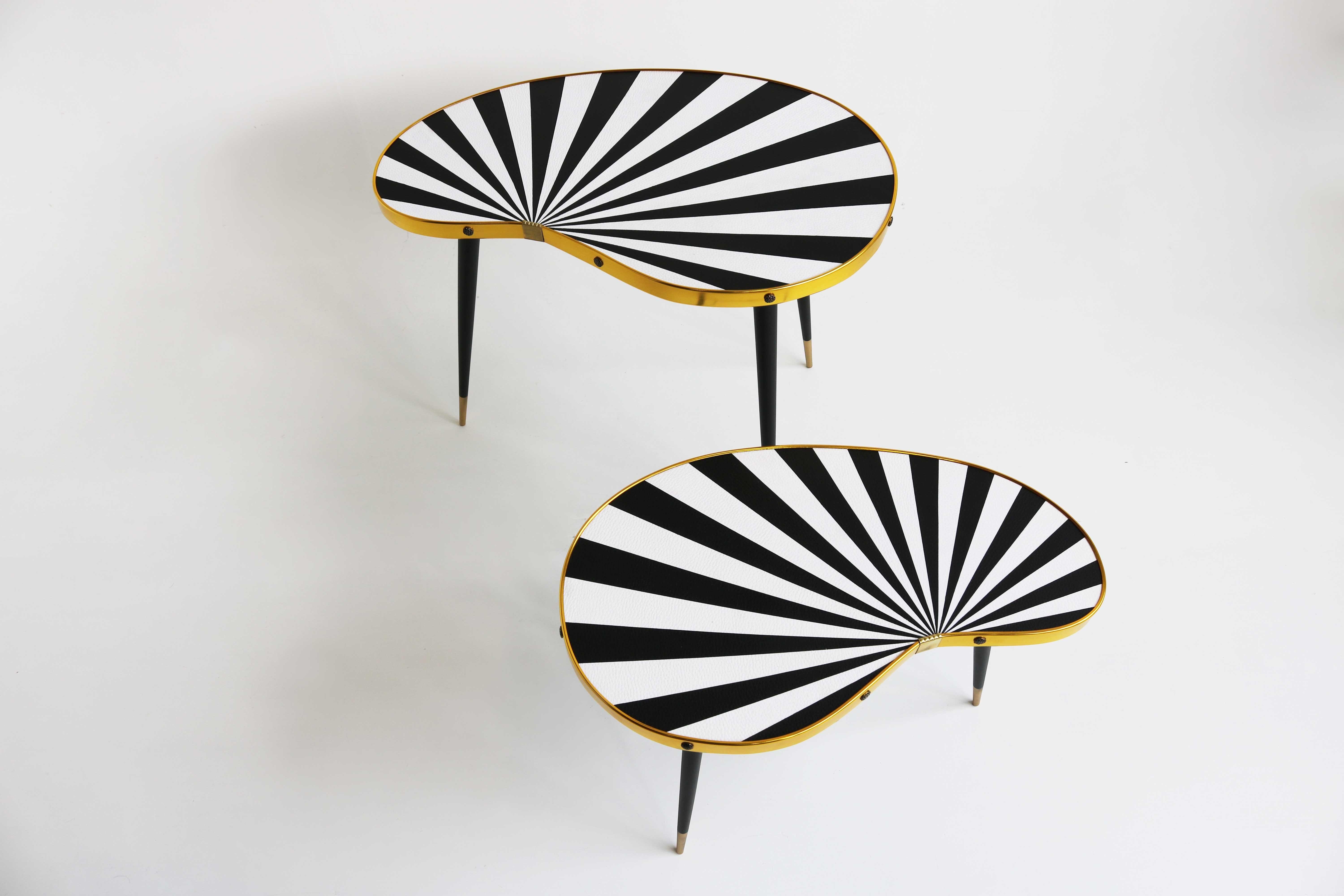 Vintage Plants Table Set, Two Side Tables Kidney Shaped Black White Ray Pattern For Sale 7