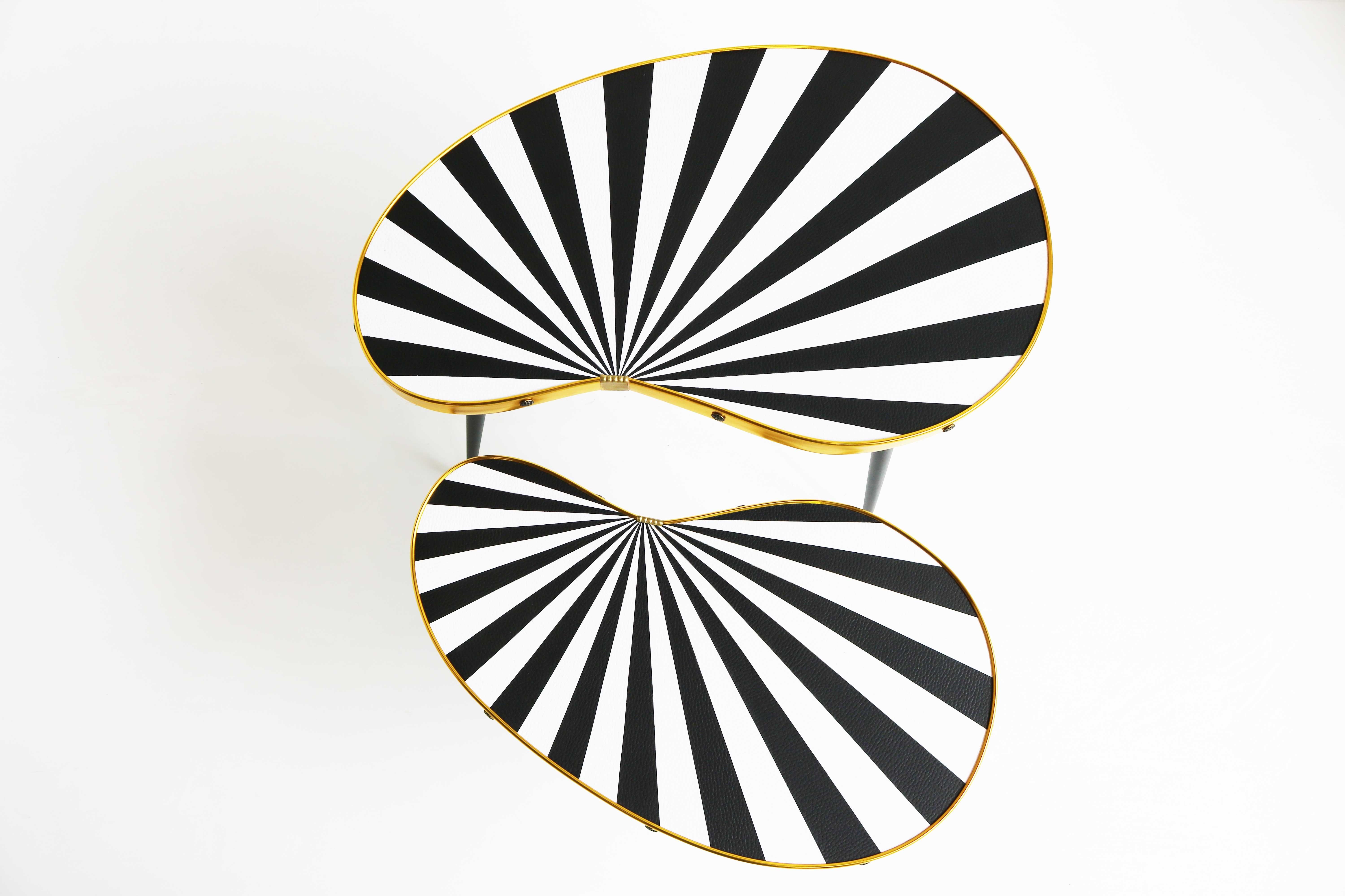 German Vintage Plants Table Set, Two Side Tables Kidney Shaped Black White Ray Pattern For Sale