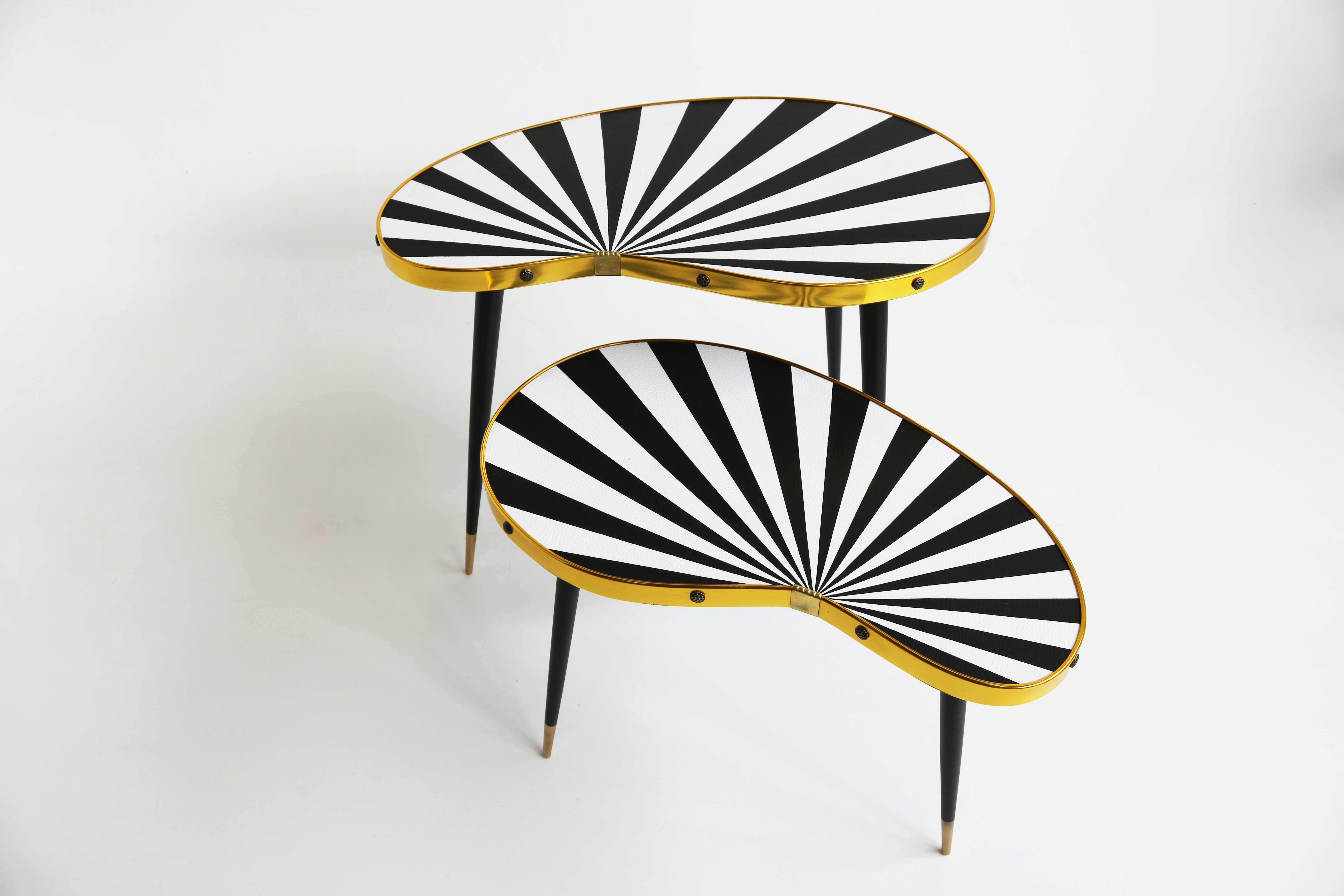 20th Century Vintage Plants Table Set, Two Side Tables Kidney Shaped Black White Ray Pattern For Sale