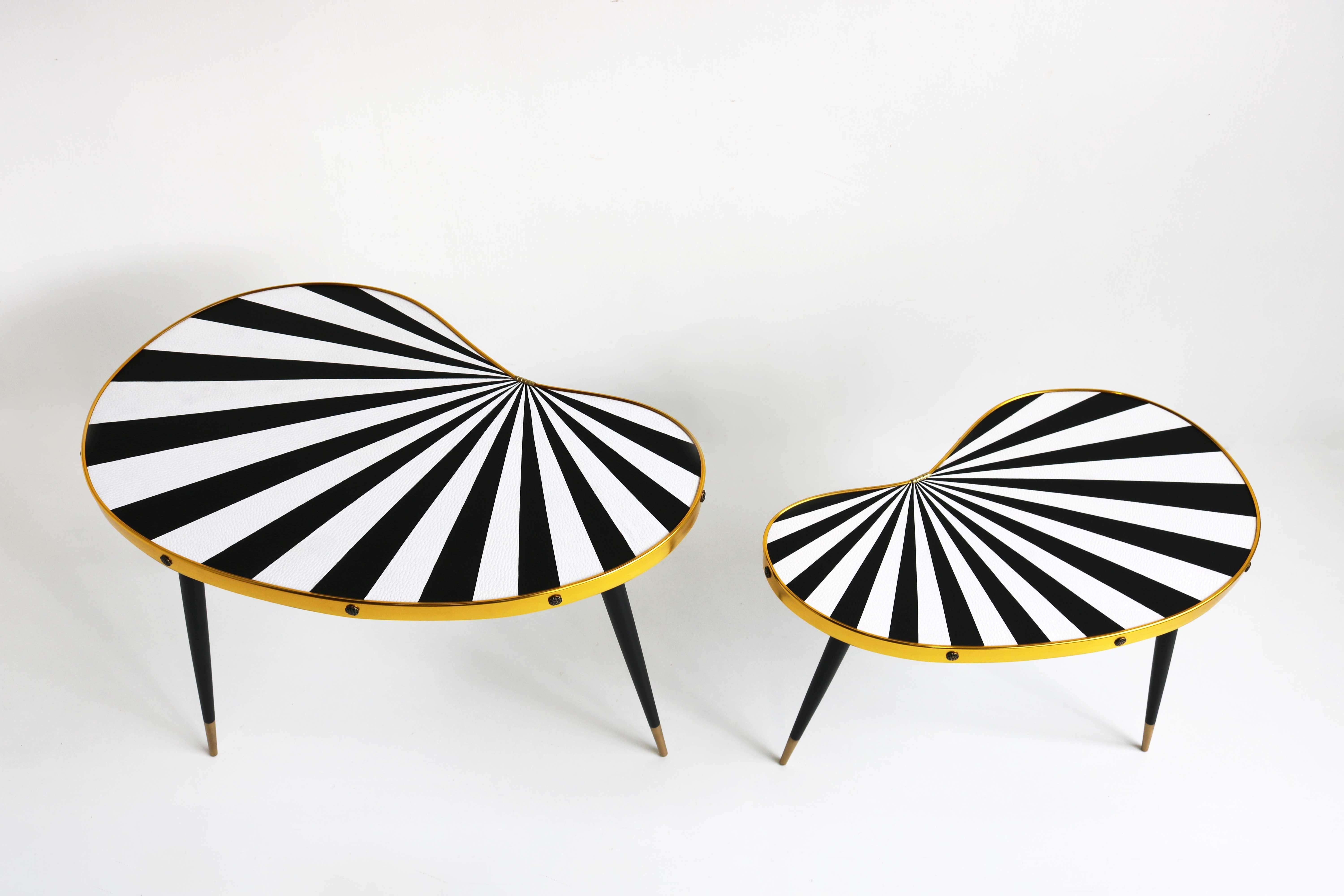 Vintage Plants Table Set, Two Side Tables Kidney Shaped Black White Ray Pattern For Sale 1