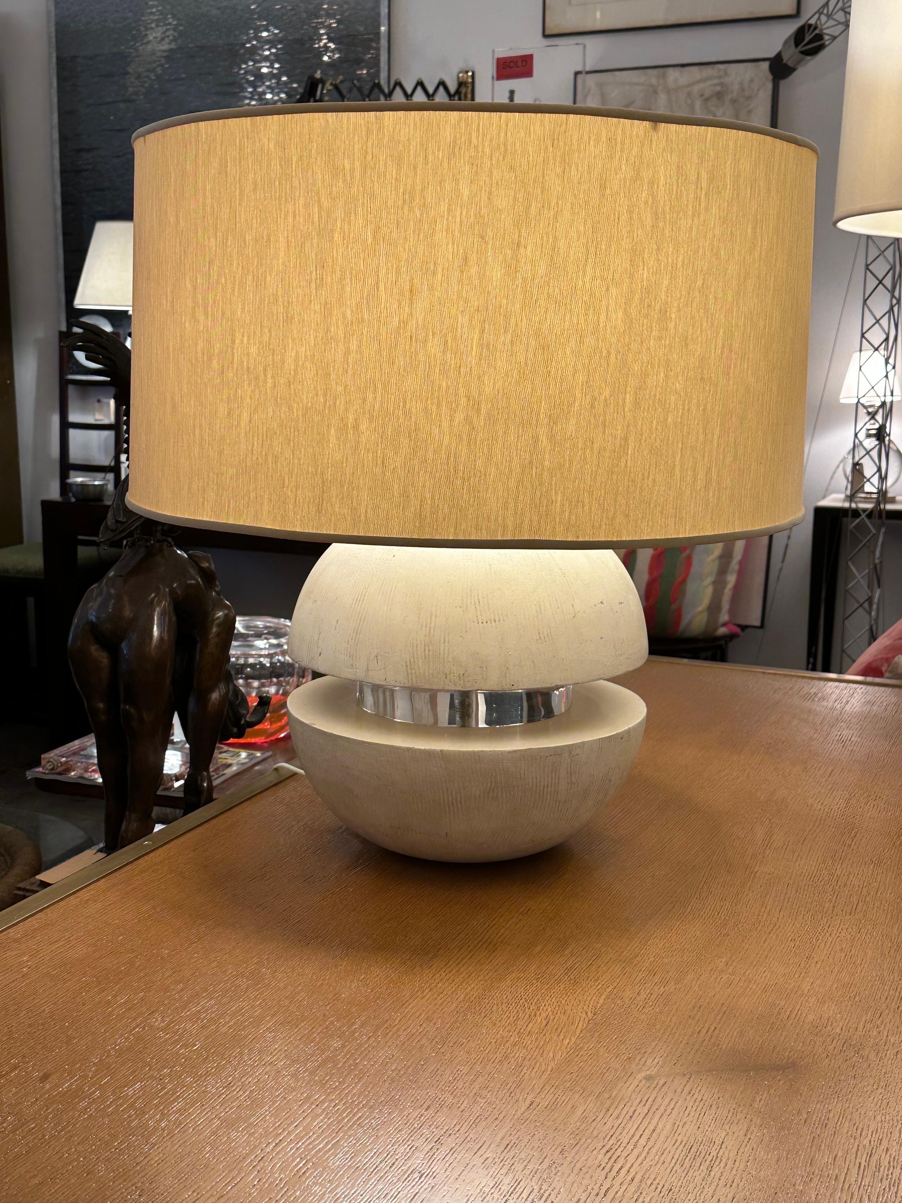 Oversized spherical plaster lamp with acrylic band to center, very much in the style of Samuel Marx later work. NOTE: shade not included. Double socket and silk wiring.  THIS ITEM IS LOCATED AND WILL SHIP FROM OUR EAST HAMPTON, NY SHOWROOM.