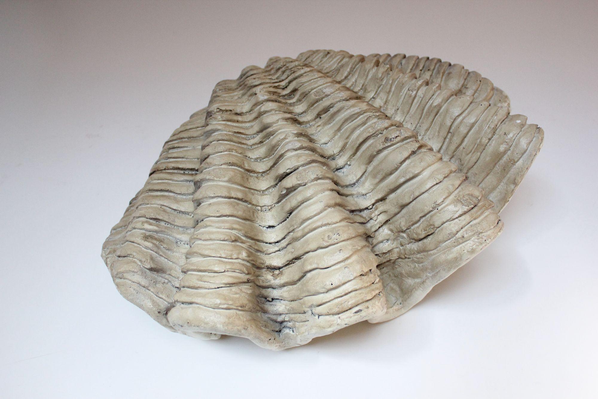 Faux giant Tridacna clam shell in cast/modeled plaster and resin (ca. 1940s/50s, USA).
Striking piece ideal as a functional serving/centerpiece or stand-alone charming object d'art with its impressive size and realistic detail.
There is natural