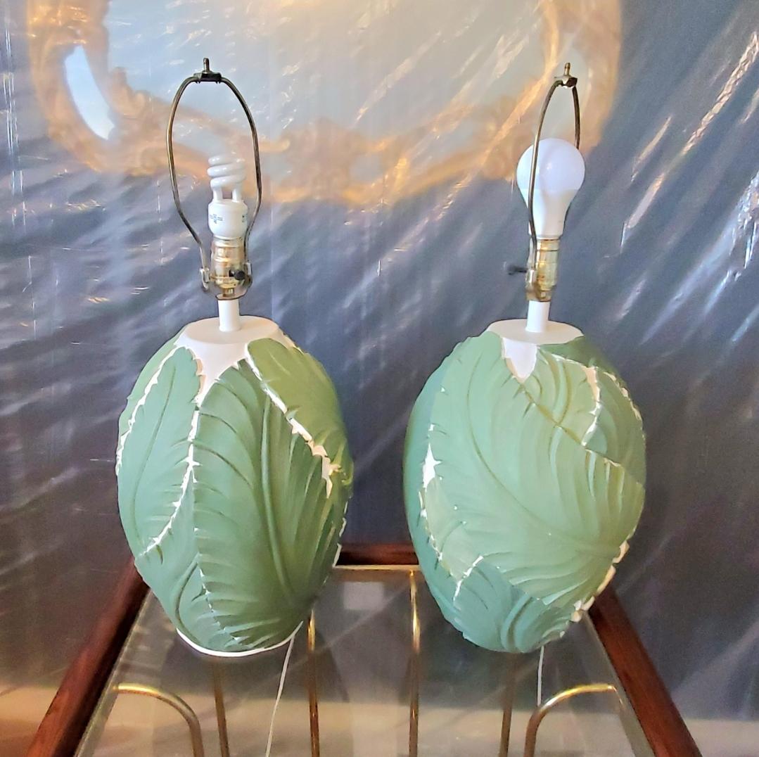 Vintage Plaster Hand Painted Banana Leaf Lamps - a Pair For Sale 2