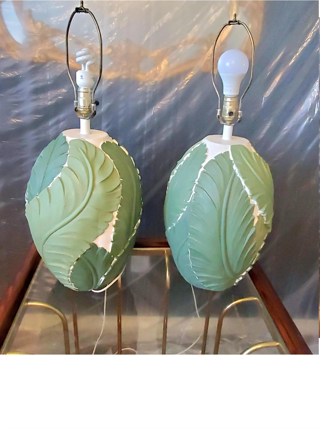 Vintage Plaster Hand Painted Banana Leaf Lamps - a Pair For Sale 3