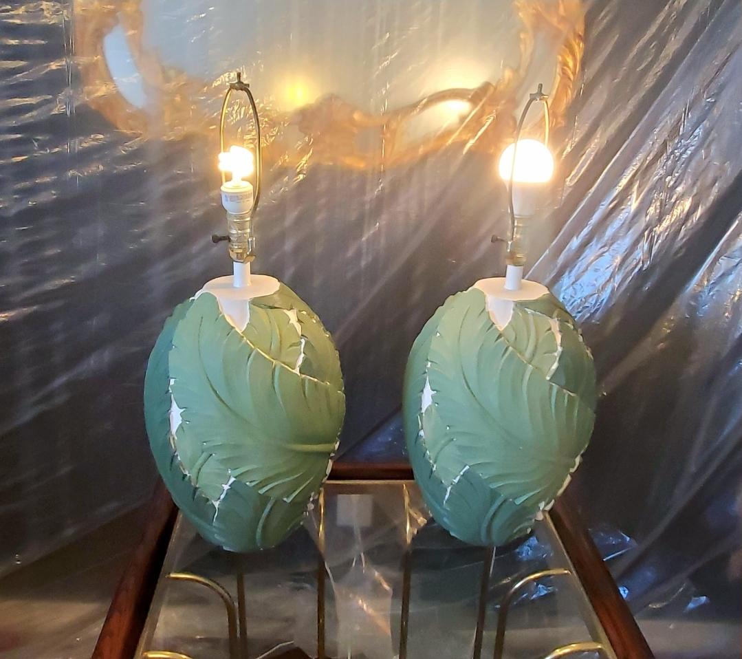 Vintage Plaster Hand Painted Banana Leaf Lamps - a Pair For Sale 4
