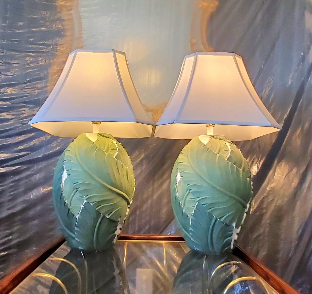 Vintage Plaster Hand Painted Banana Leaf Lamps - a Pair For Sale 5