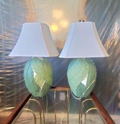 Vintage Plaster Hand Painted Banana Leaf Lamps - a Pair