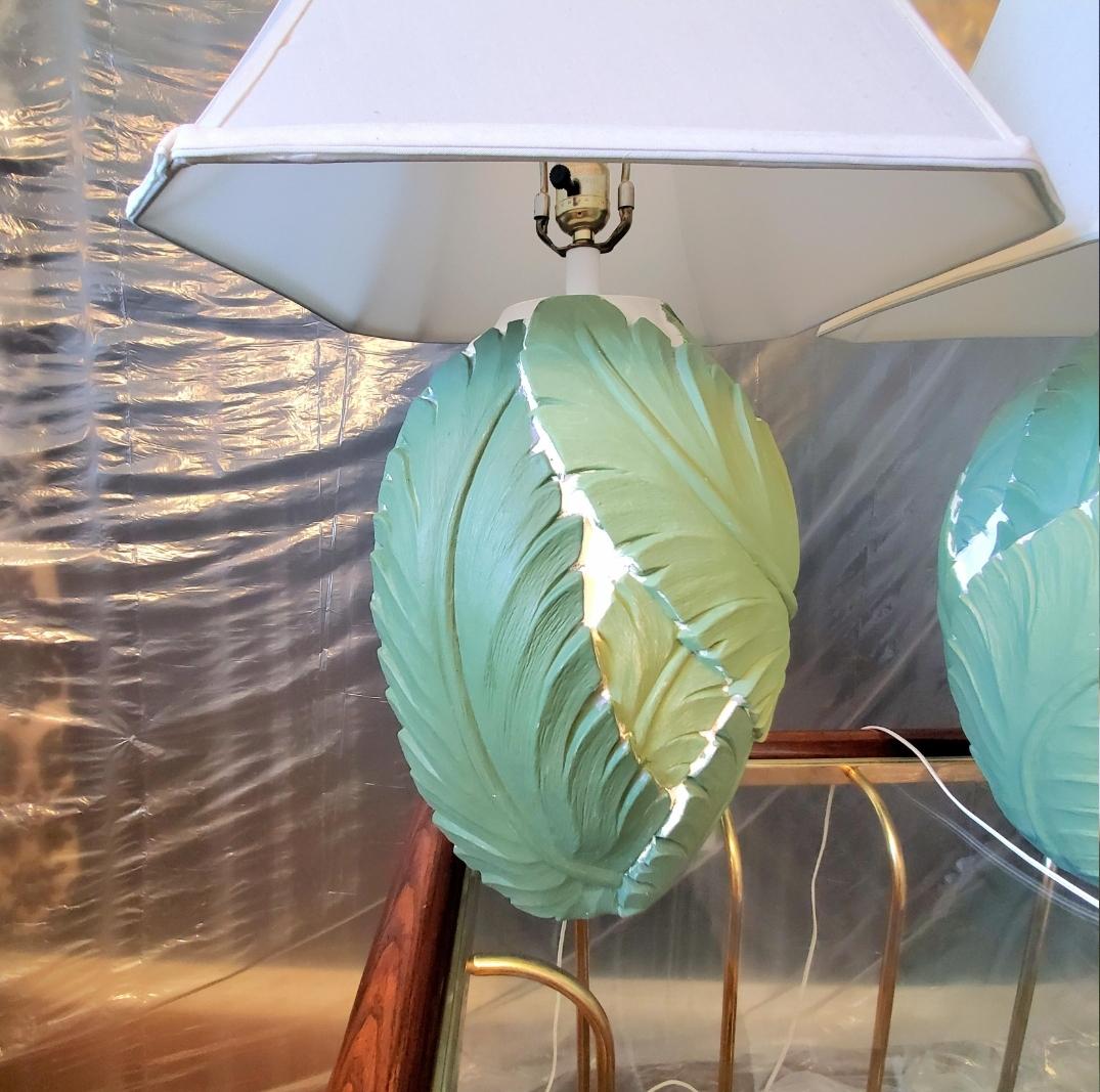 Vintage Plaster Hand Painted Banana Leaf Lamps - a Pair For Sale 1