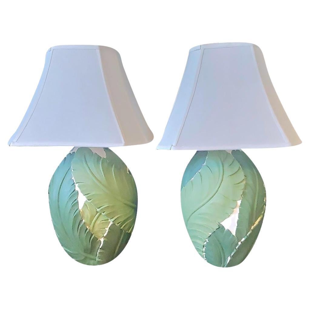 Vintage Plaster Hand Painted Banana Leaf Lamps - a Pair