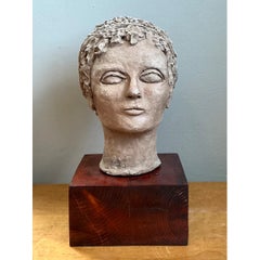 Vintage Plaster Head Sculpture on Wood Base