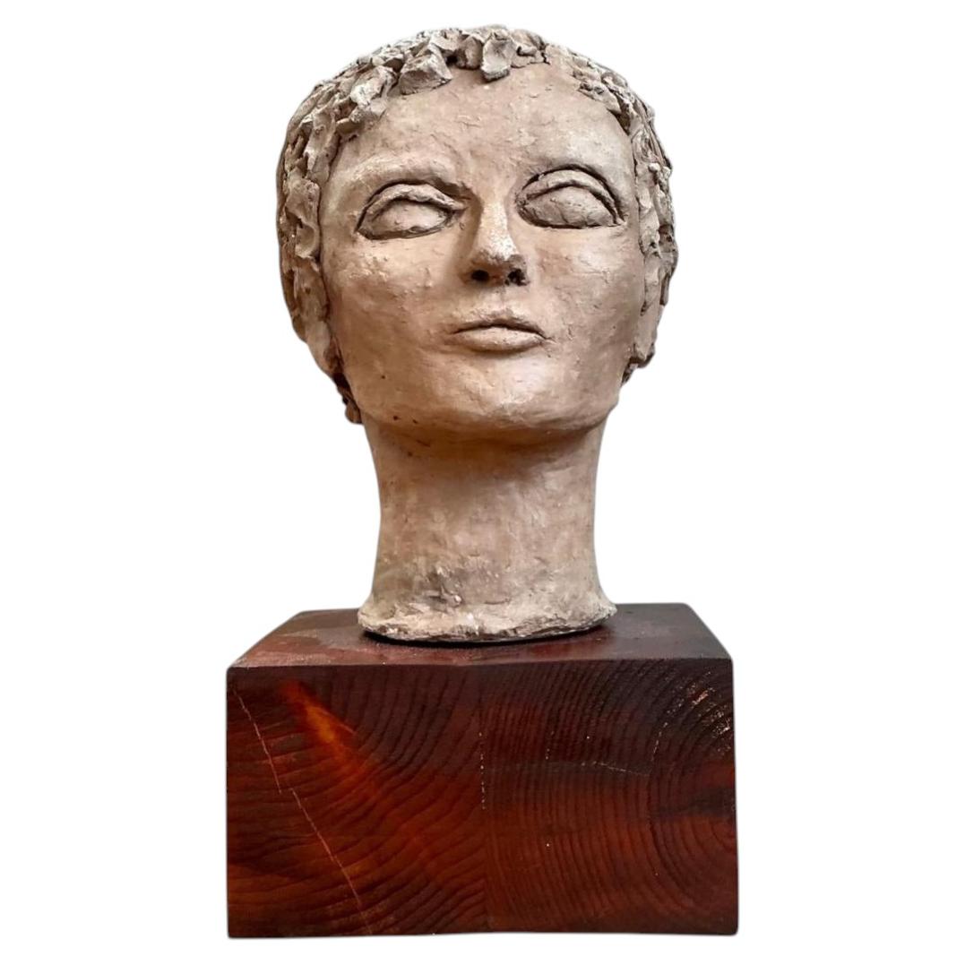 Vintage Plaster Head Sculpture on Wood Base