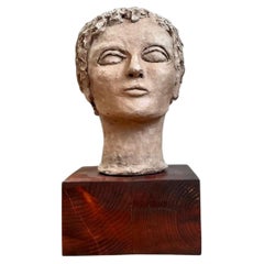 Vintage Plaster Head Sculpture on Wood Base