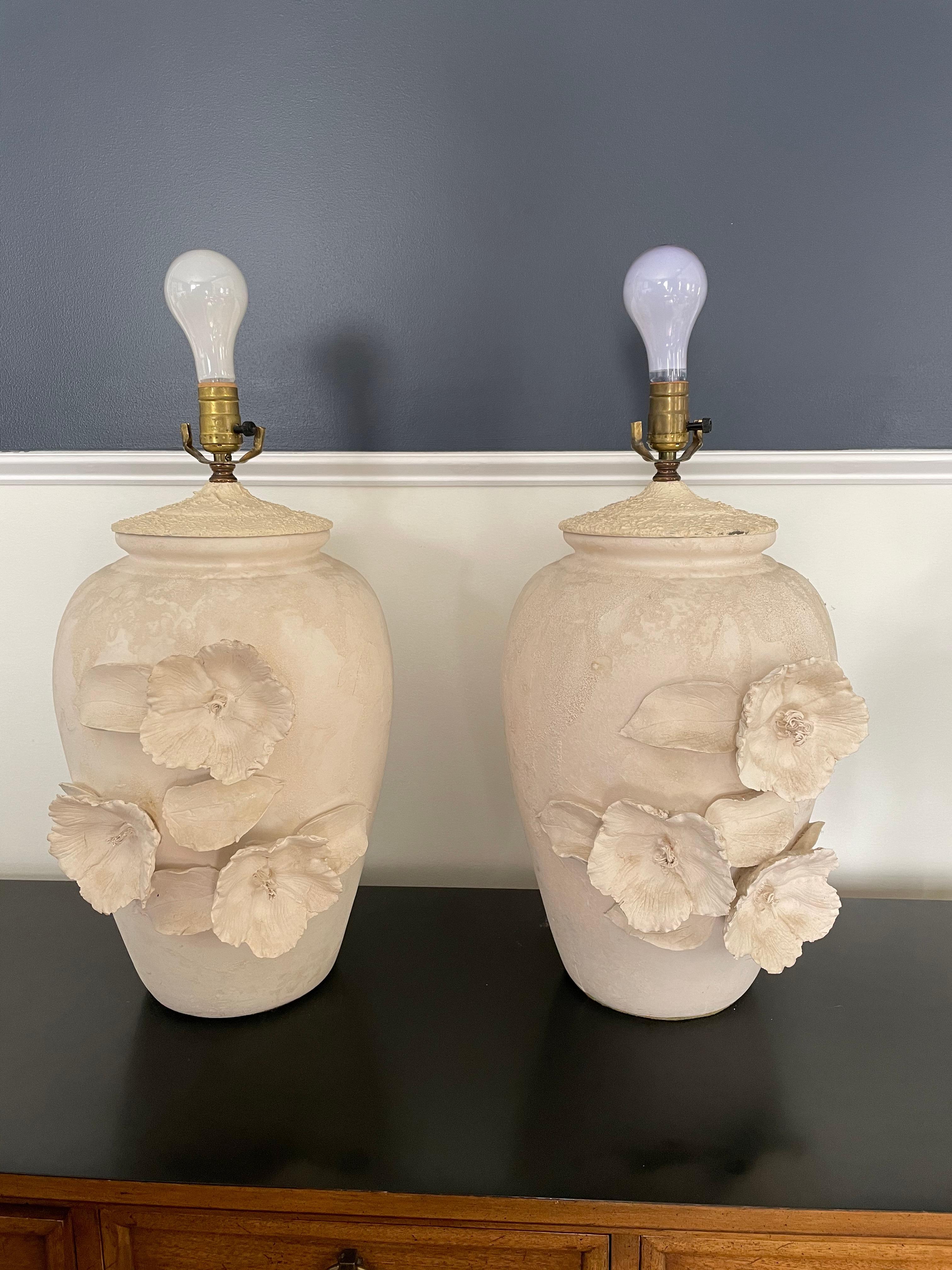 Vintage Organic Modern Plaster Jar Lamps with Floral Relief For Sale 5