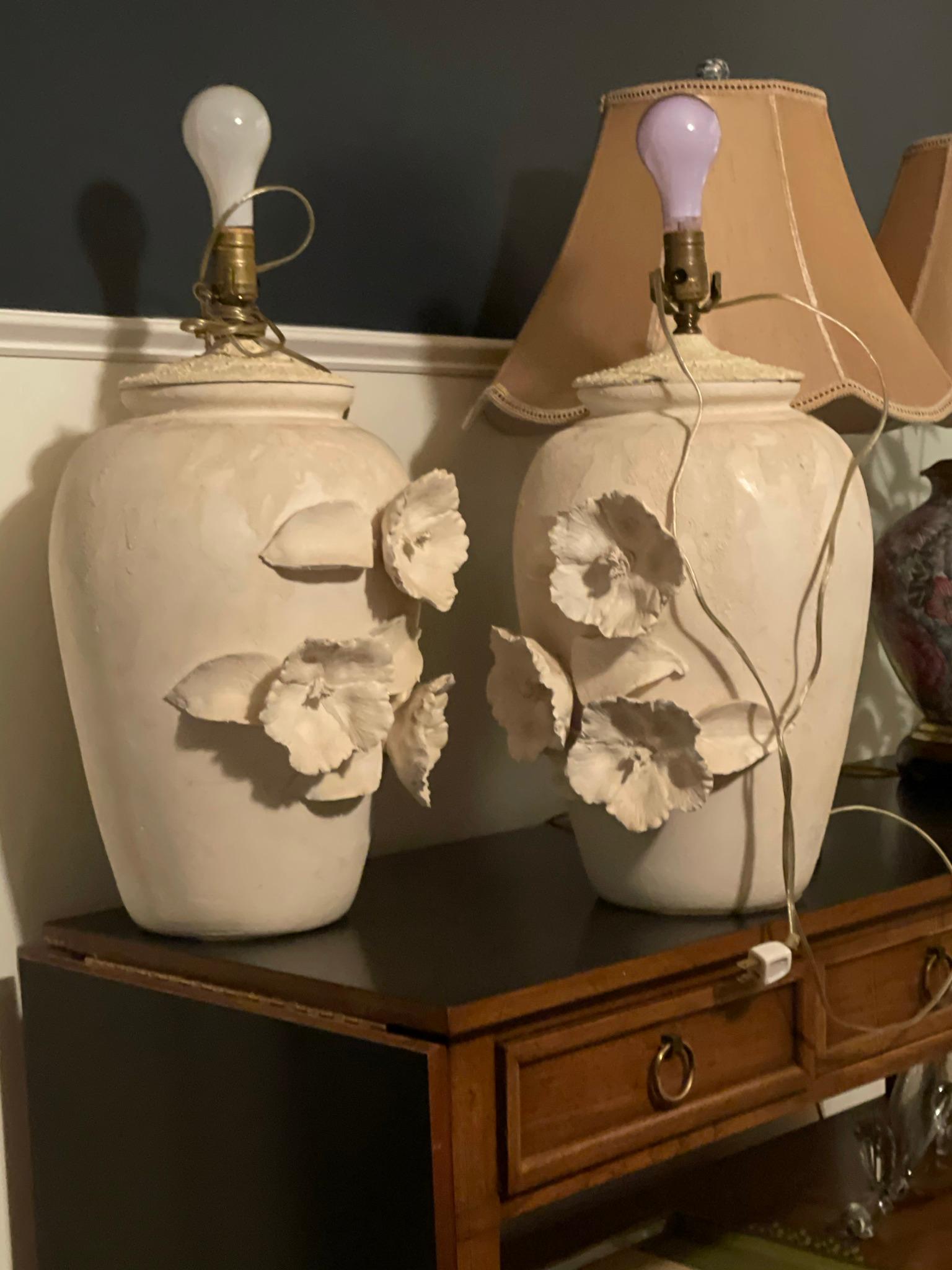 Vintage Organic Modern Plaster Jar Lamps with Floral Relief For Sale 8