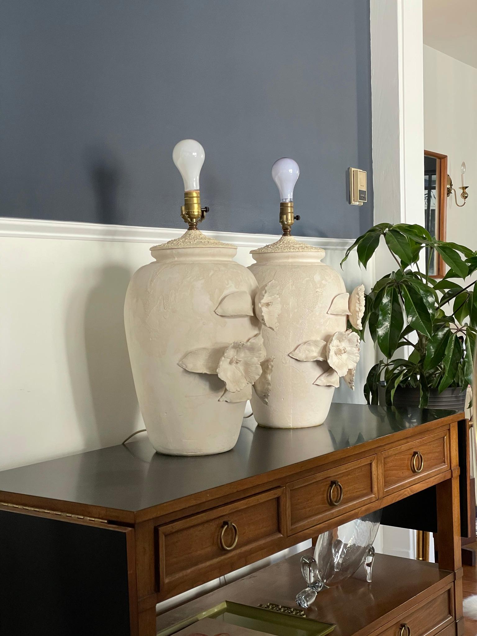 Vintage Organic Modern Plaster Jar Lamps with Floral Relief For Sale 9