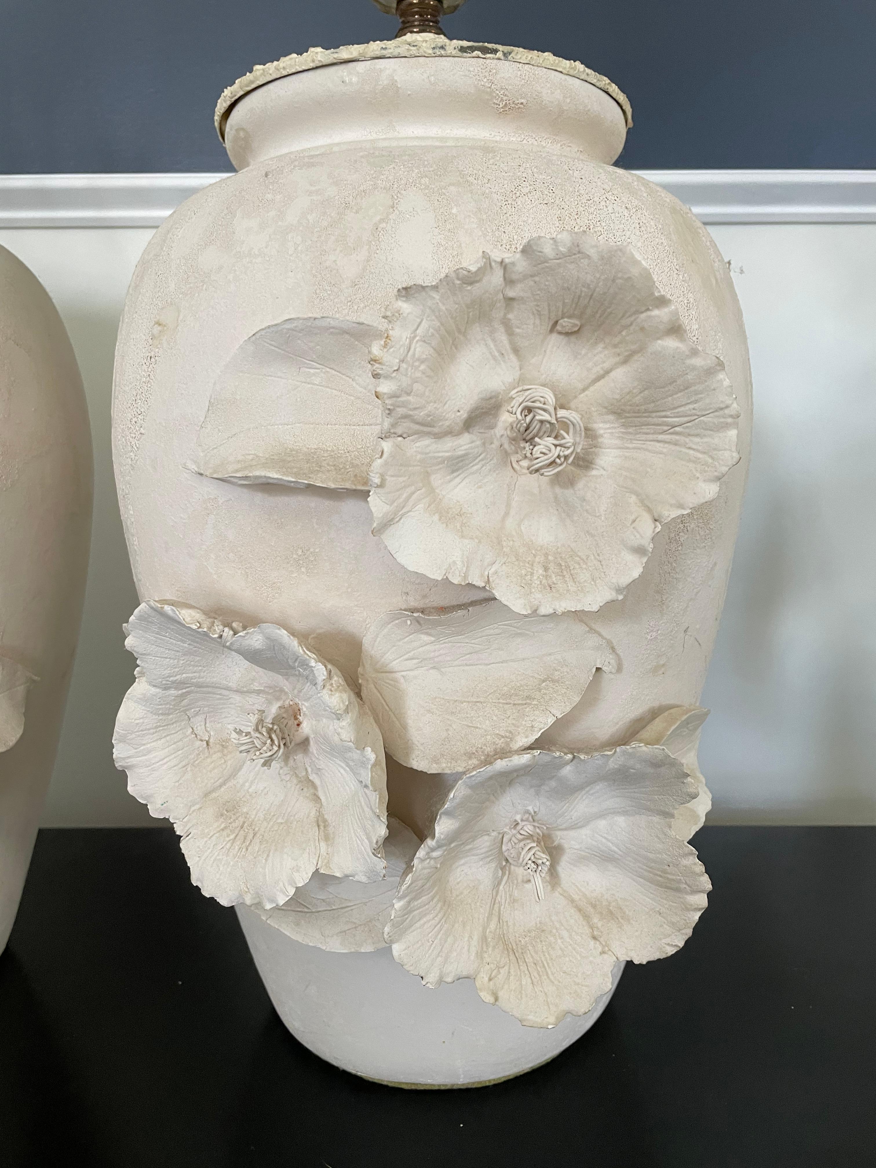 20th Century Vintage Organic Modern Plaster Jar Lamps with Floral Relief For Sale