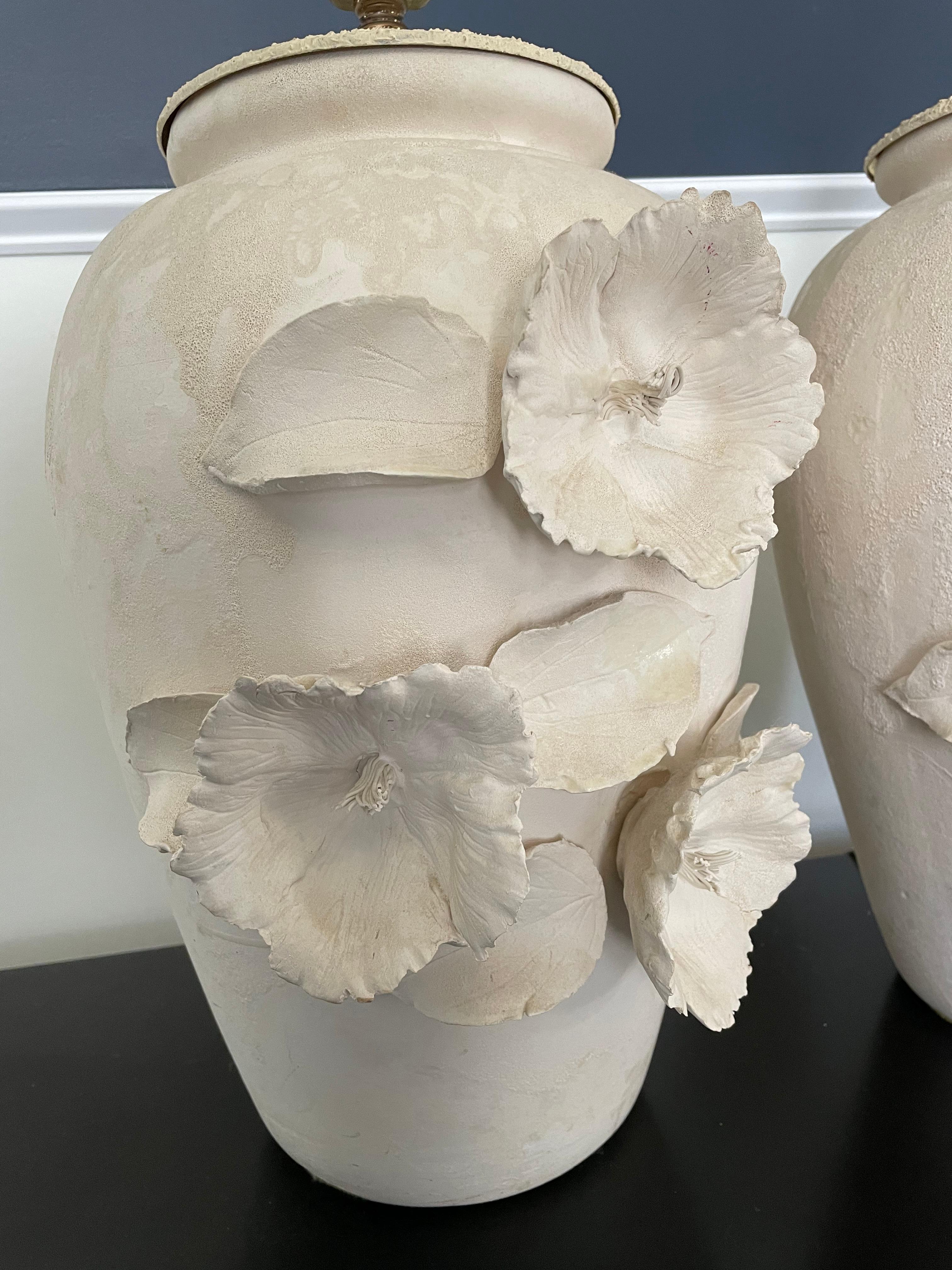 Vintage Organic Modern Plaster Jar Lamps with Floral Relief For Sale 1