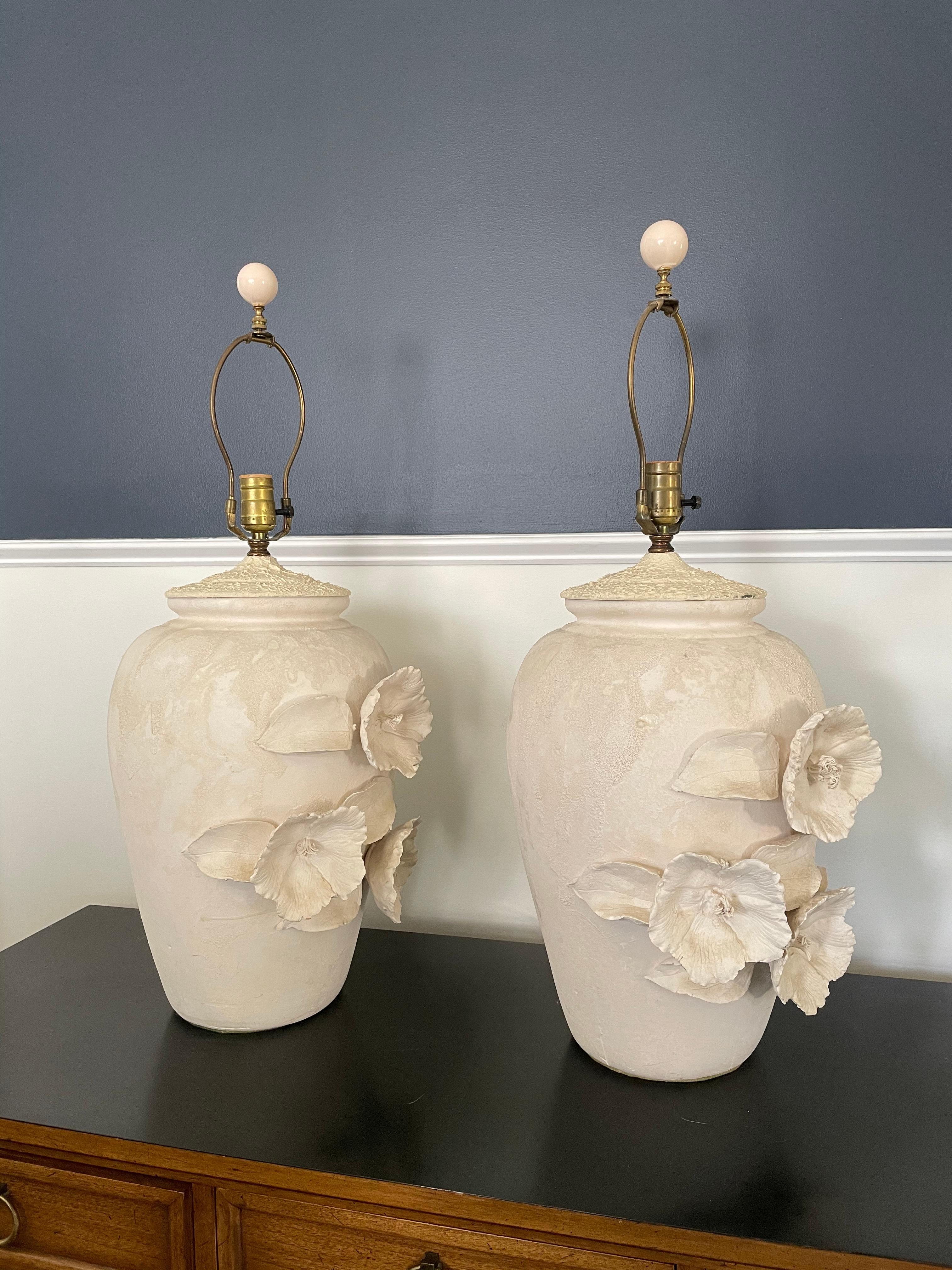 Vintage Organic Modern Plaster Jar Lamps with Floral Relief For Sale 3