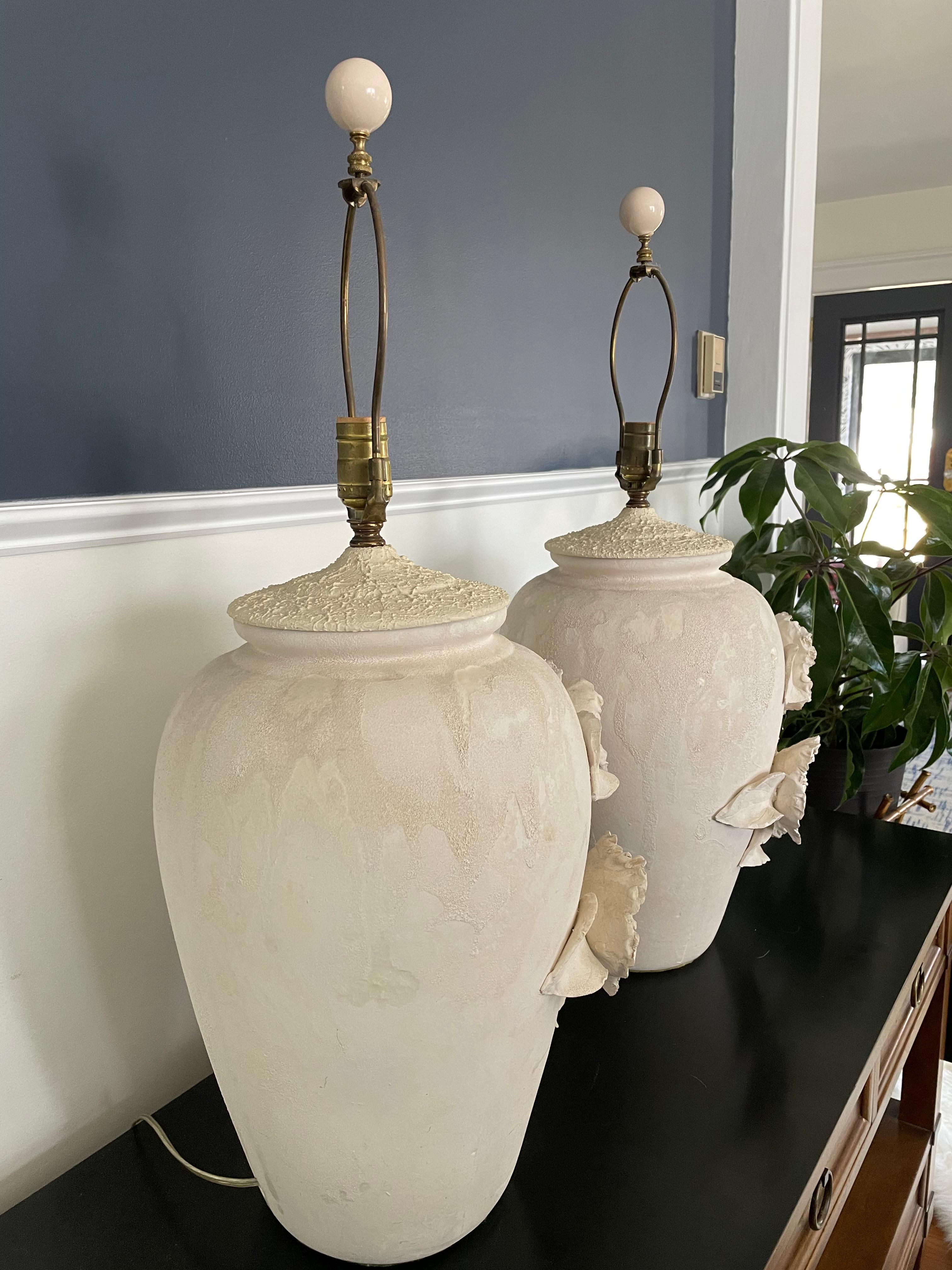 Vintage Organic Modern Plaster Jar Lamps with Floral Relief For Sale 4