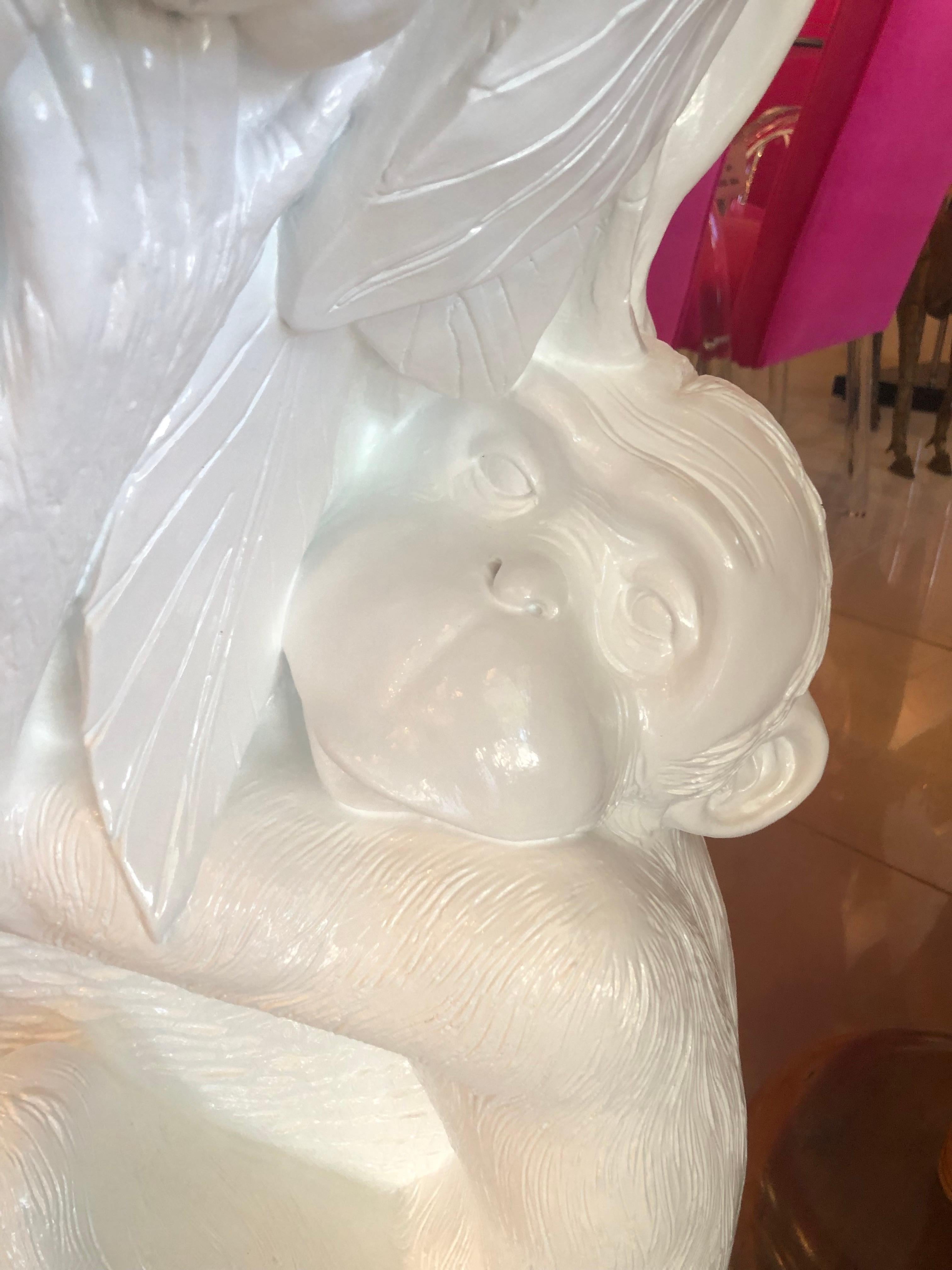 Vintage center table or dining table base, very heavy plaster, newly lacquered white gloss. Glass top not included. Monkey climbing a palm tree with coconuts. This looks wonderful from every angle! Perfect for that Palm Beach, tropical decor!