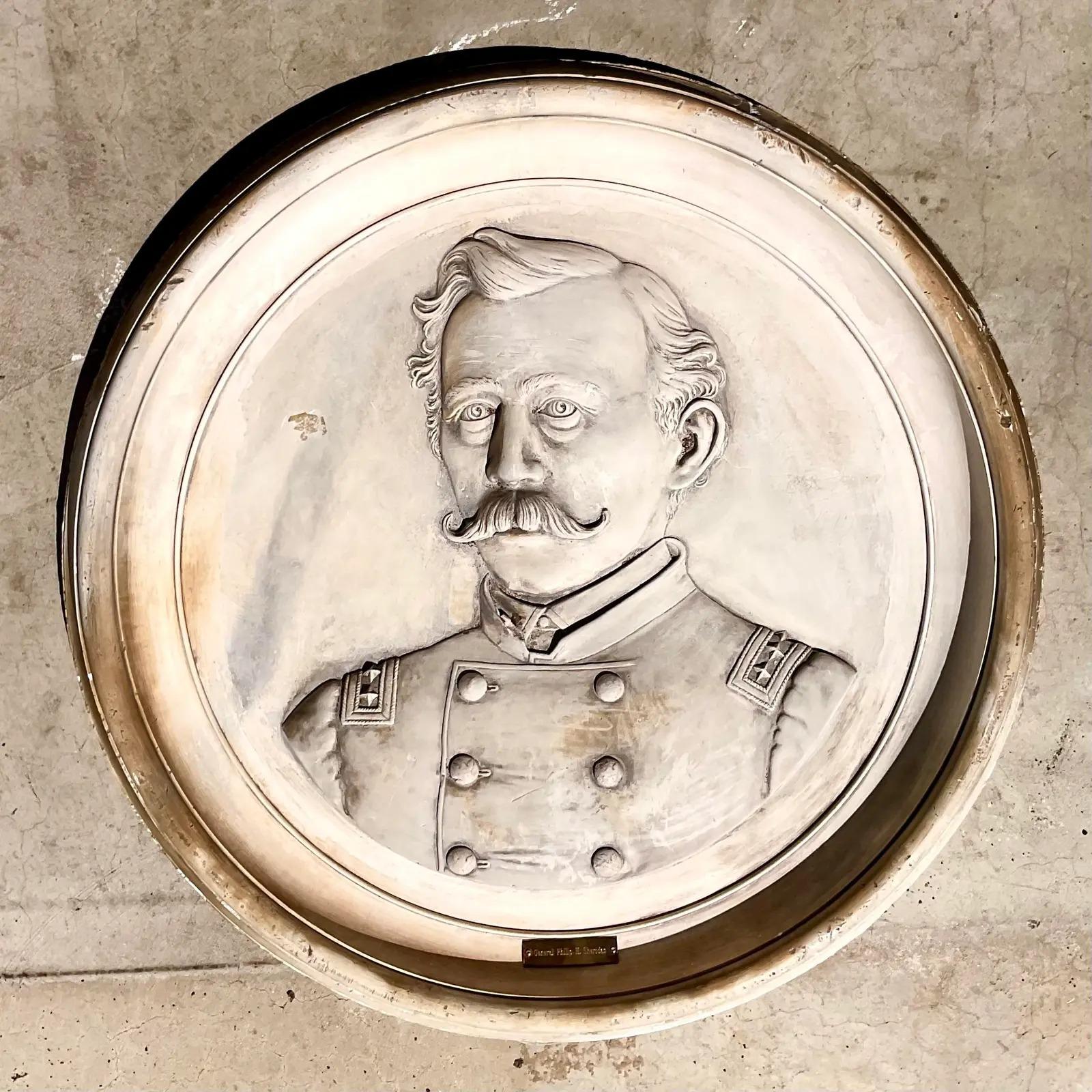 Vintage Plaster Monumental Medallion of General Sheridan In Good Condition In west palm beach, FL