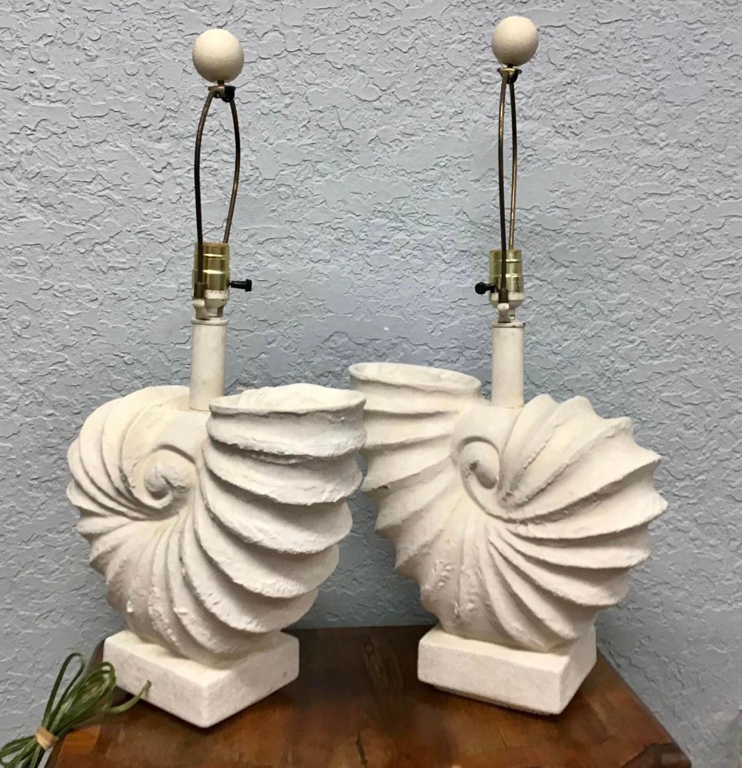 Vintage Plaster Nautilus or Ammonite Lamps, a Pair In Excellent Condition For Sale In Bradenton, FL