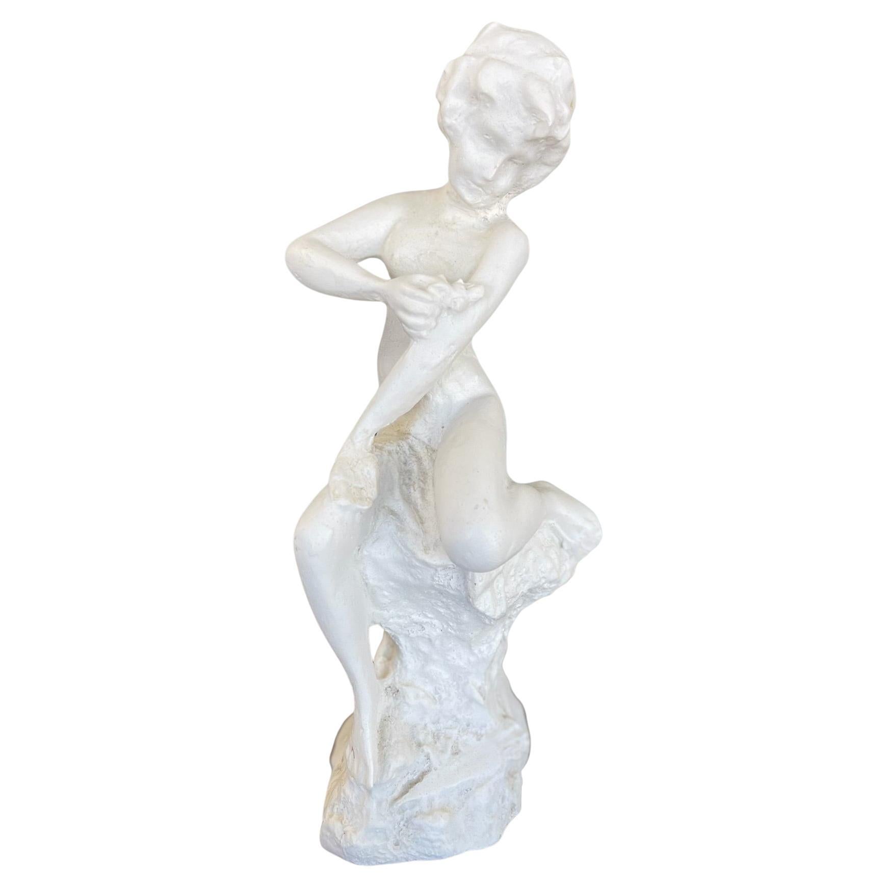 Vintage Plaster Nude Female Figurative Sculpture on Rock Formation