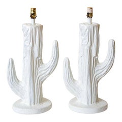 Vintage Plaster of Paris Cactus Form Table Lamps White, 1970's Pair Of