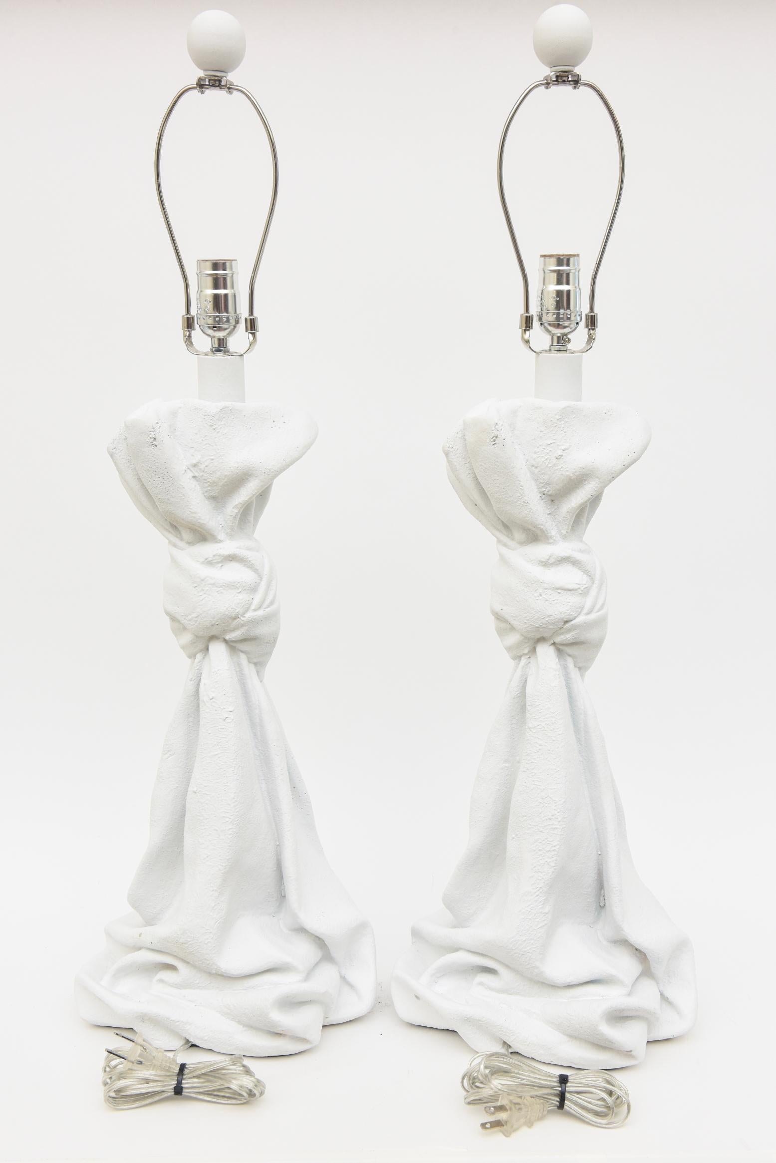 Modern Vintage Plaster Of Paris Draped and Knotted John Dickinson Style Table Lamps  For Sale