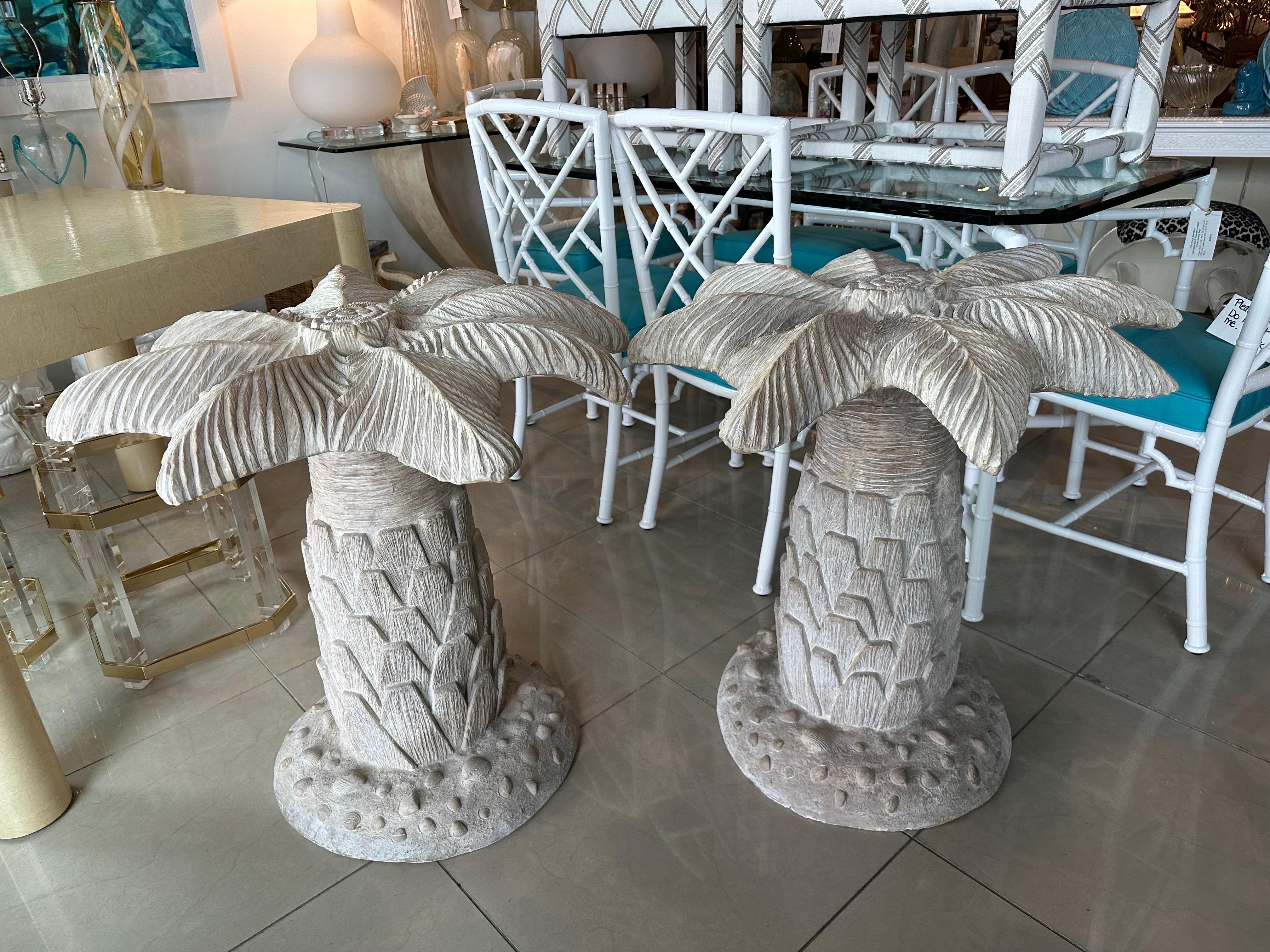 Amazing vintage plaster palm tree table base. These are being sold individually with option to buy one or two. This can be used as a single base with a round top for a dining table, game table or center, entry table. As a pair it can be used as a
