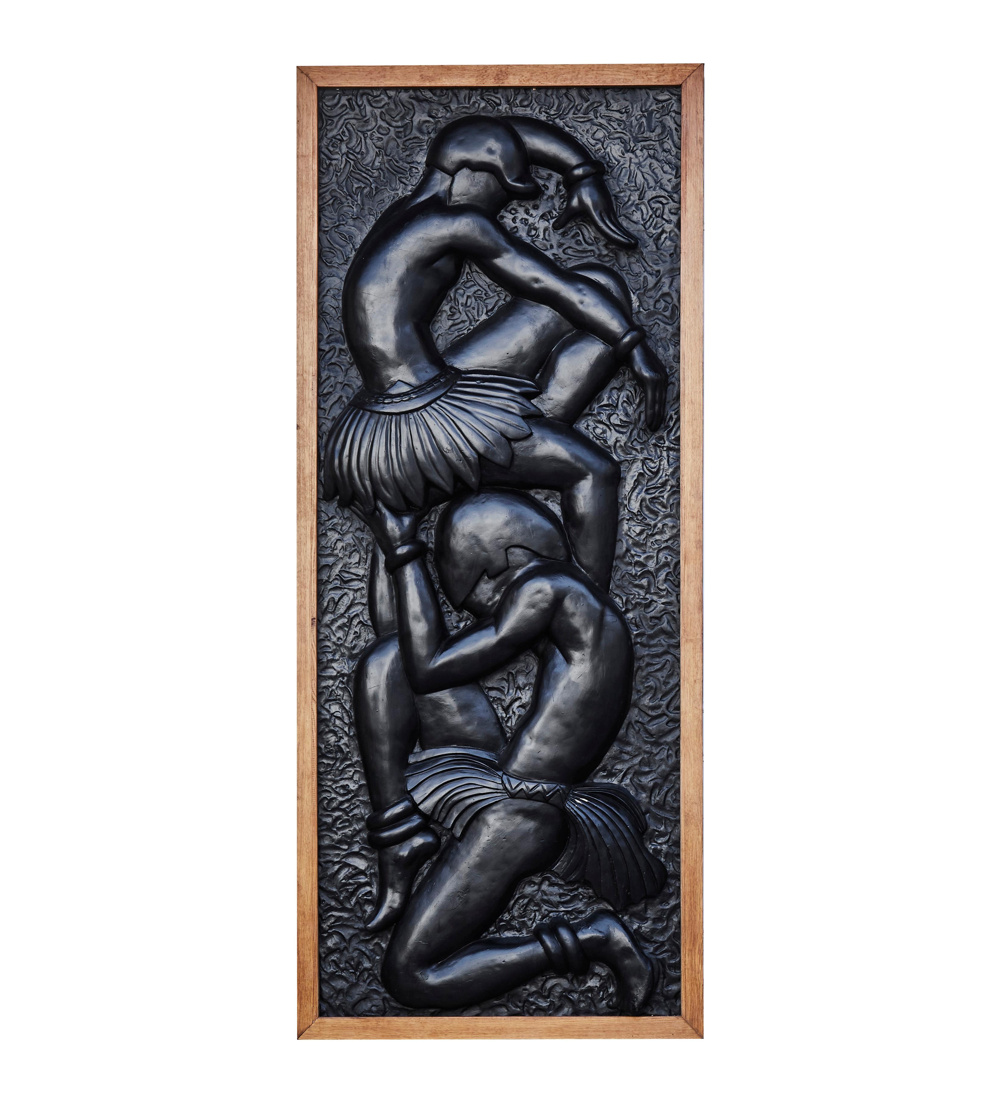 Pair of vintage panels in sculpted plaster with characters and wooden frame. 
Scenery used on the stage of the Parisian cabaret La Nouvelle Eve in the 1980s, France.