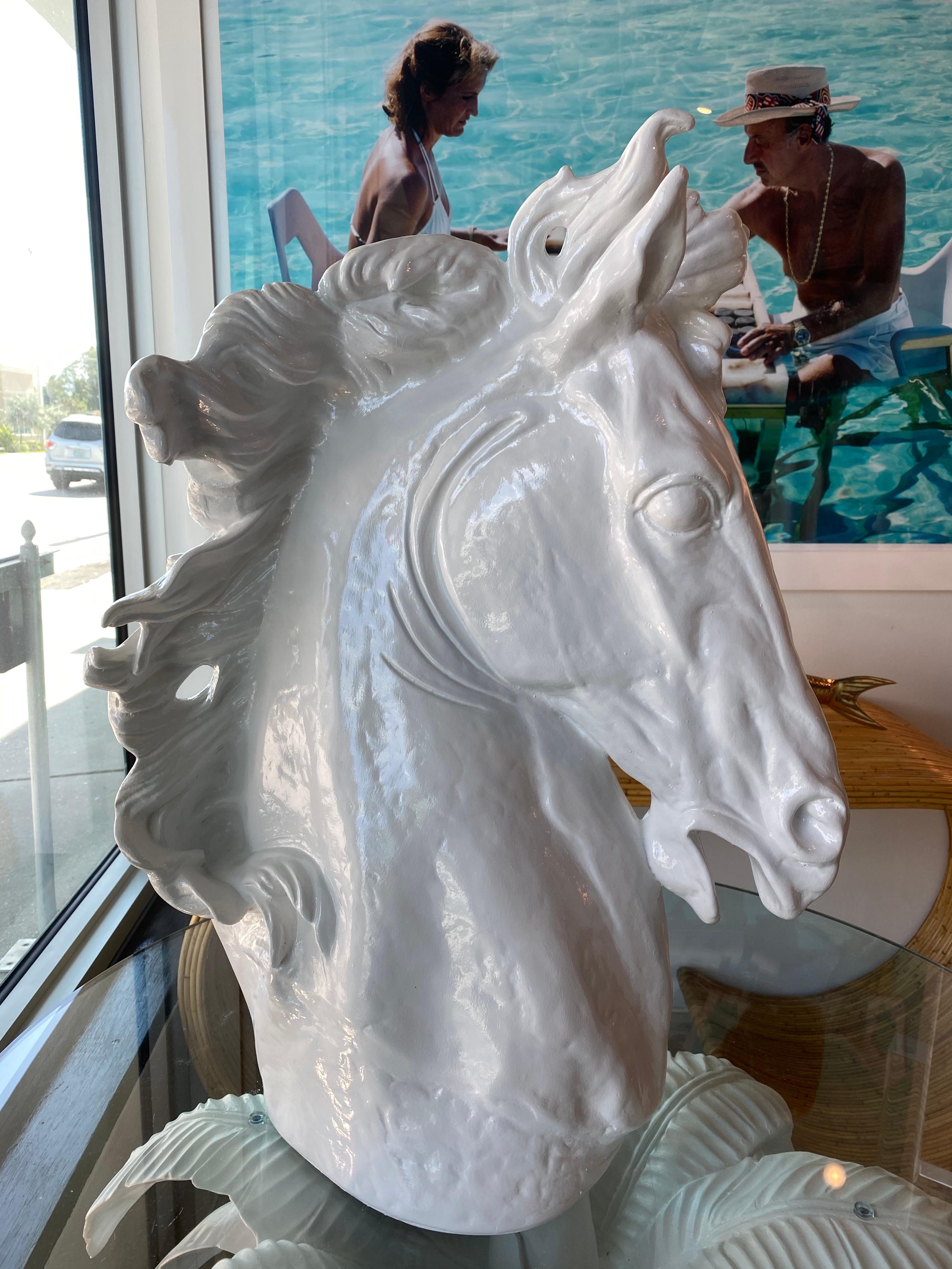 Vintage Plaster White Lacquered Modern Large Horse Head Statue For Sale 1