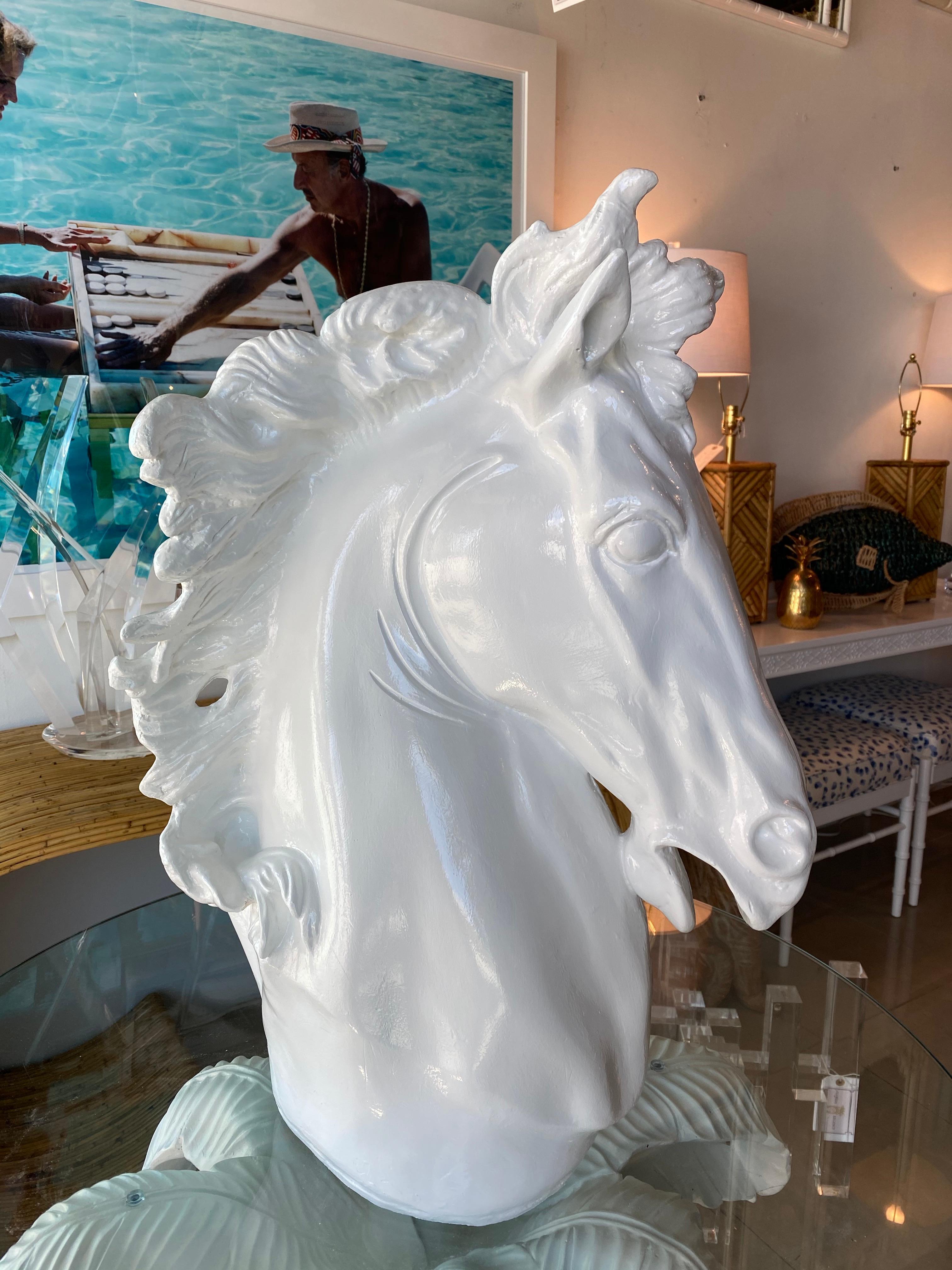 Vintage Plaster White Lacquered Modern Large Horse Head Statue For Sale 1