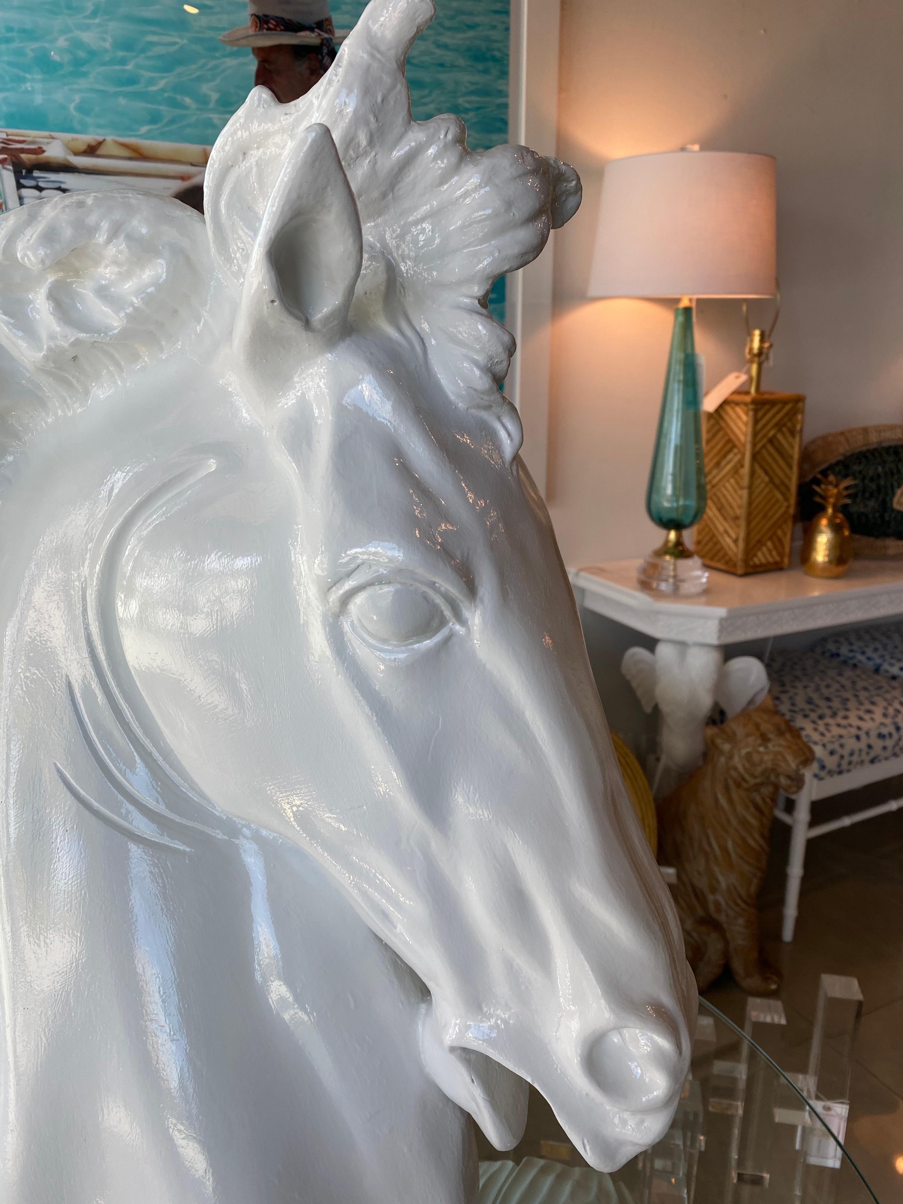 Vintage Plaster White Lacquered Modern Large Horse Head Statue For Sale 2