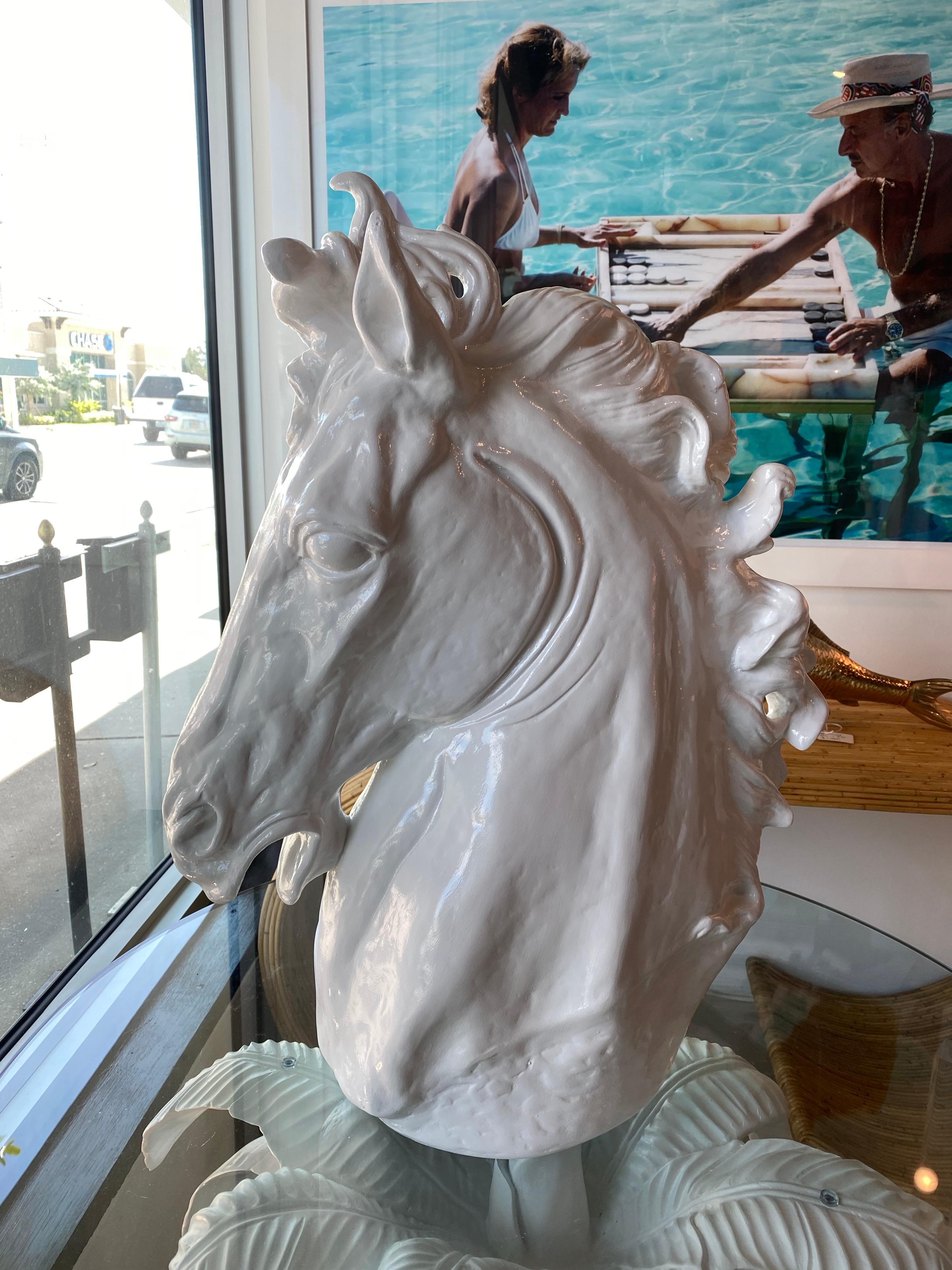 Hollywood Regency Vintage Plaster White Lacquered Modern Large Horse Head Statue For Sale