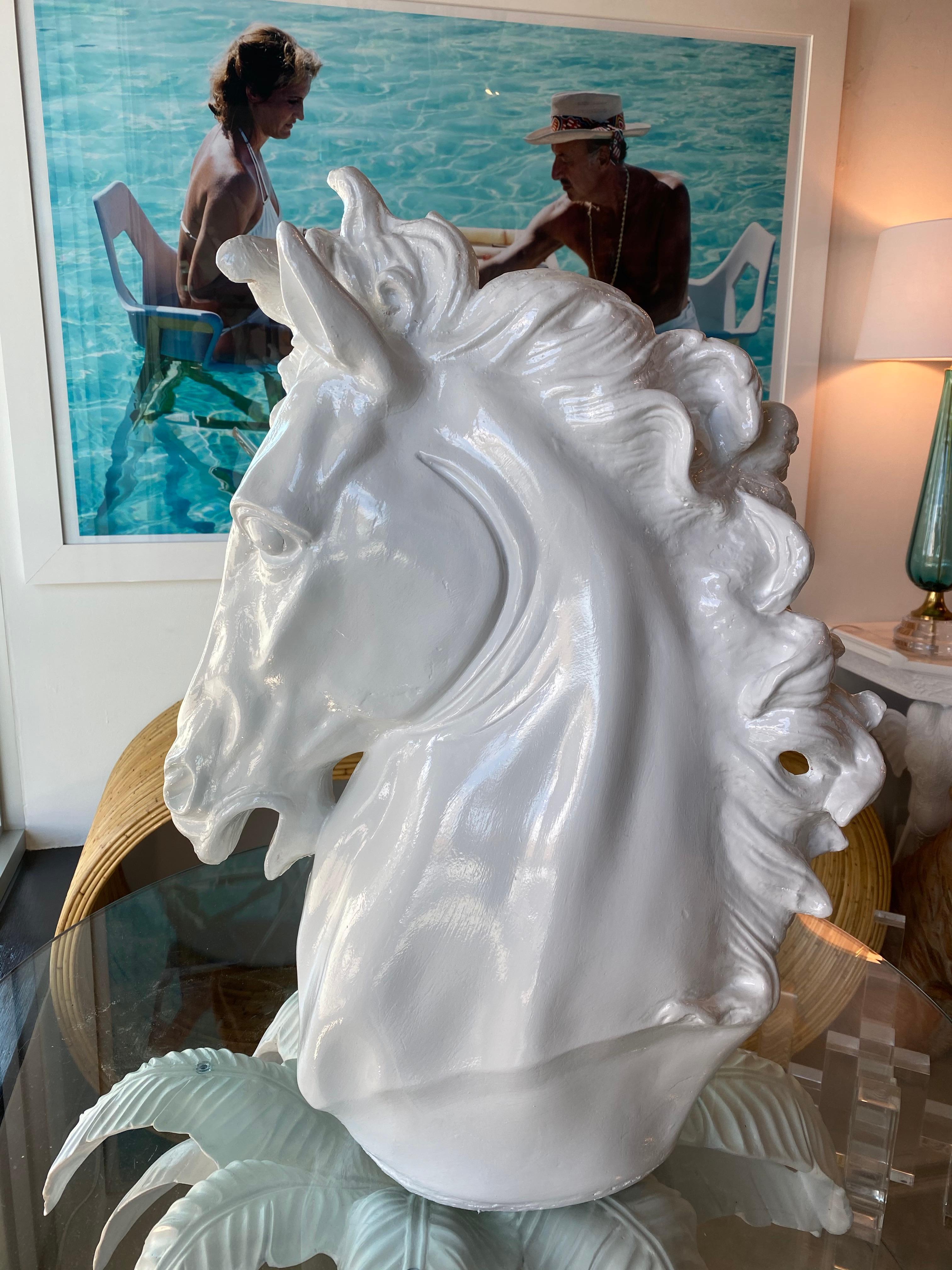Hollywood Regency Vintage Plaster White Lacquered Modern Large Horse Head Statue For Sale