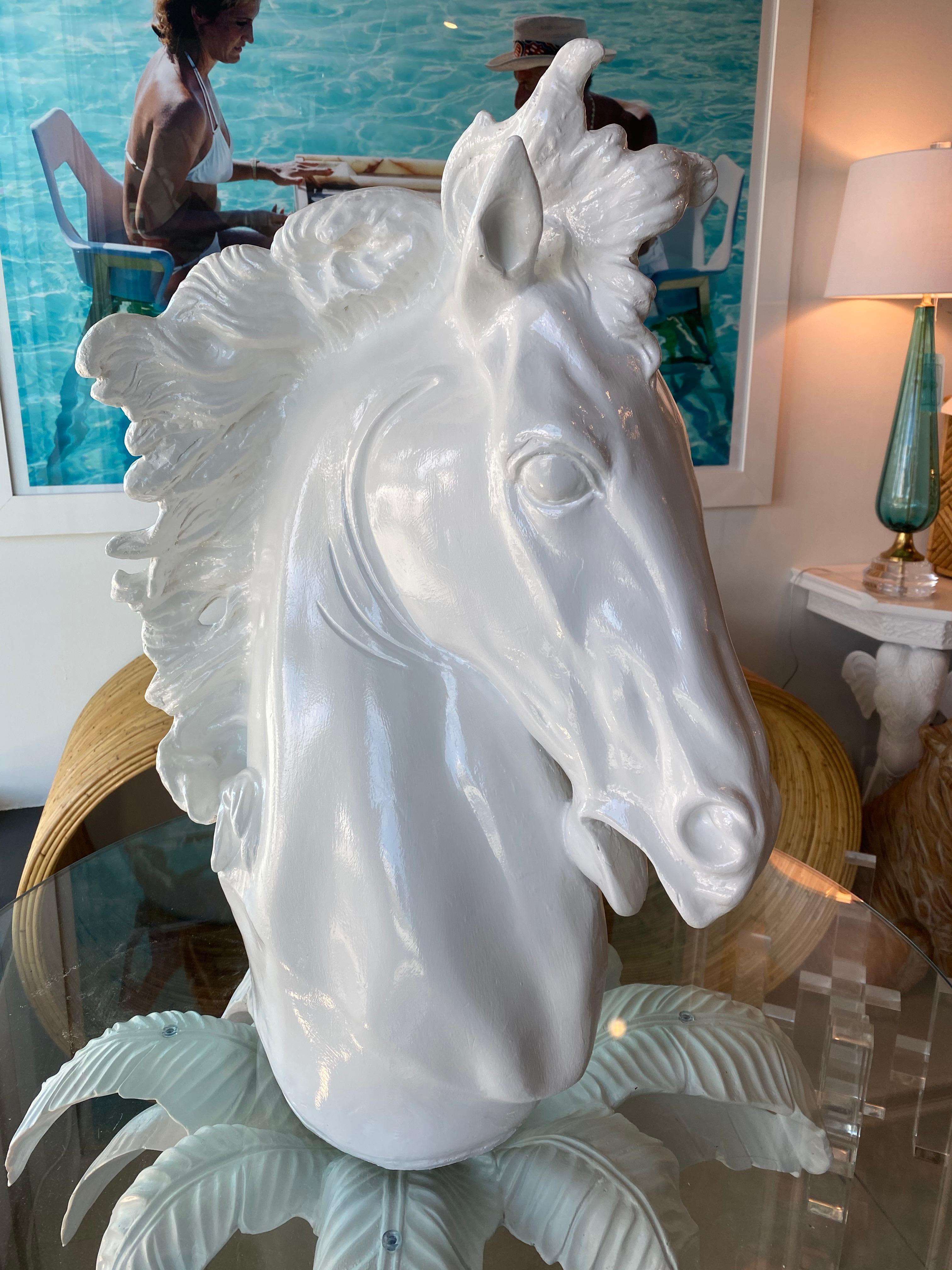 American Vintage Plaster White Lacquered Modern Large Horse Head Statue For Sale