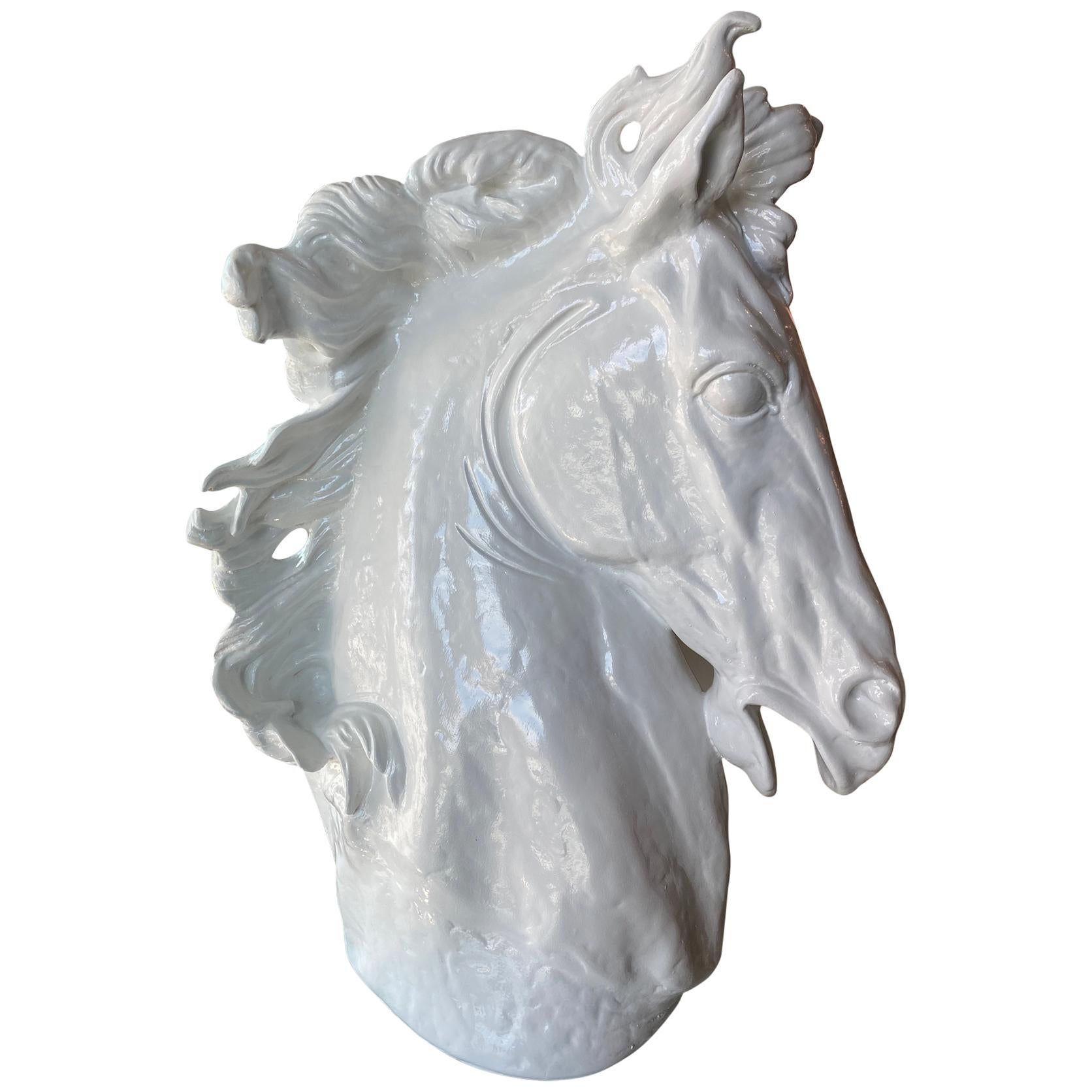 Vintage Plaster White Lacquered Modern Large Horse Head Statue For Sale