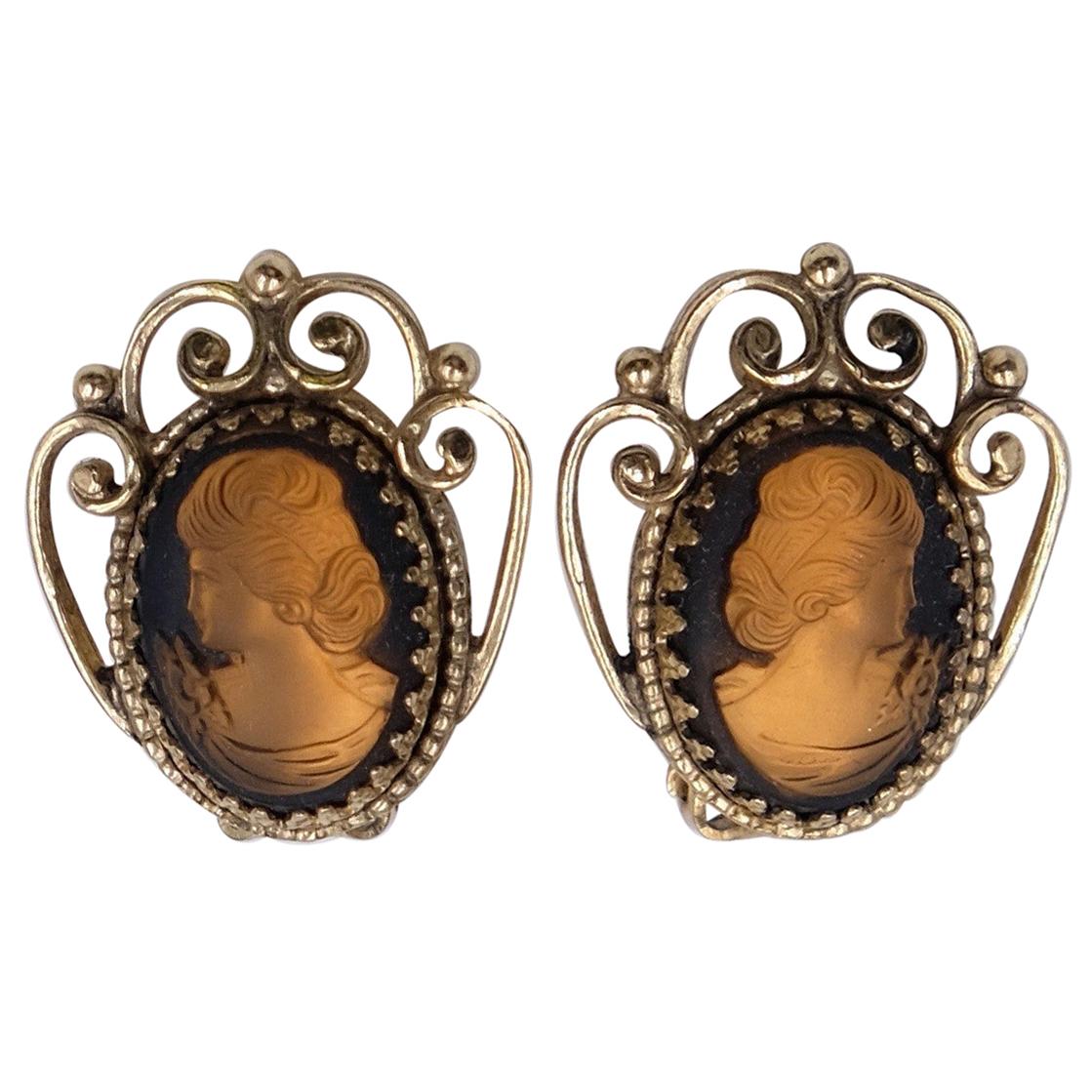 Vintage Copper Toned Clip On Earrings Cameo Style Warrior Profile Used